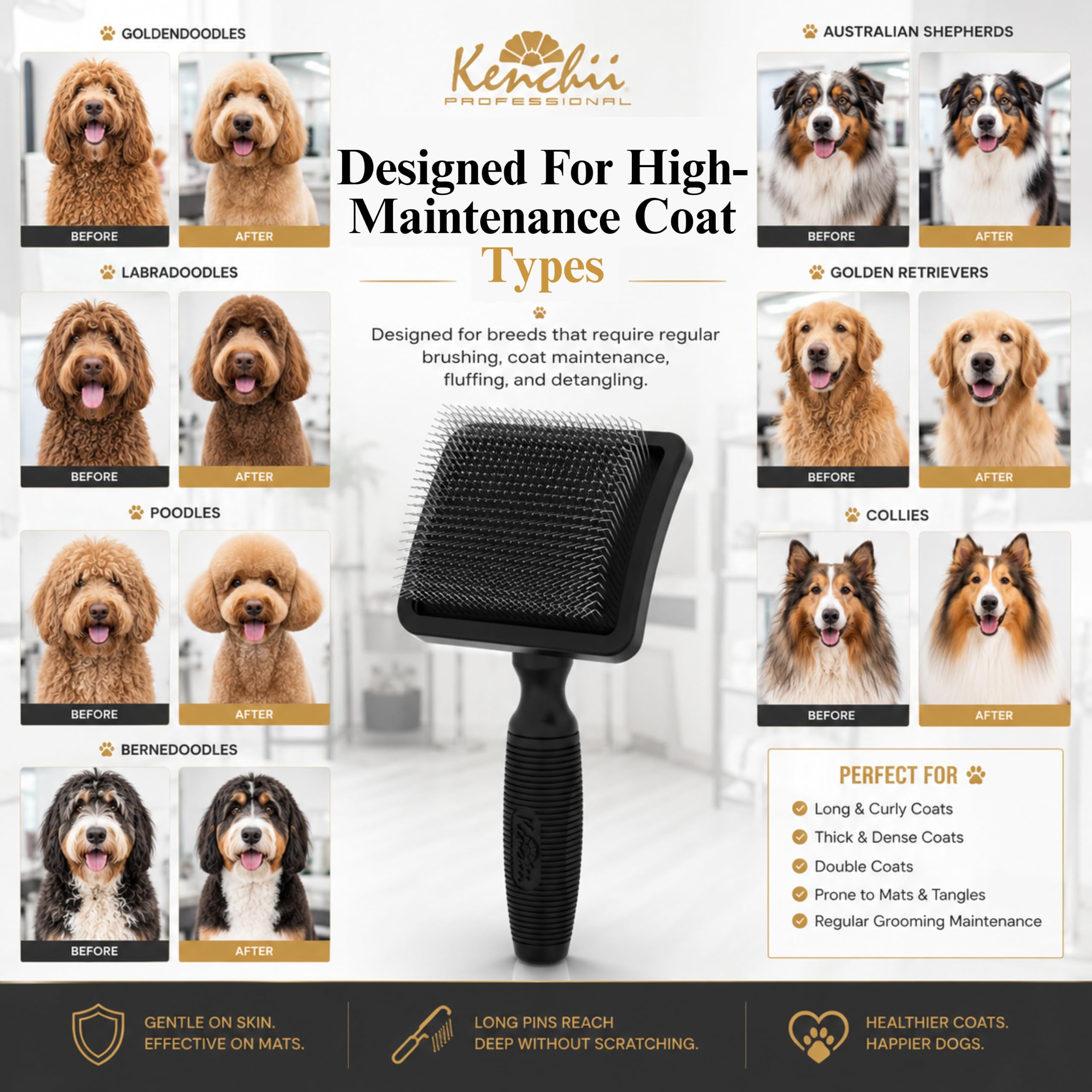Kenchii Lange Nadelzupfbürste für Hunde (Pudel, Kritzeleien, Goldendoodles, Labradoodles), professionelle Fellpflegebürste zum Entwirren, Flusen & Entfilzen, rutschfester Komfortgriff (schwarz)