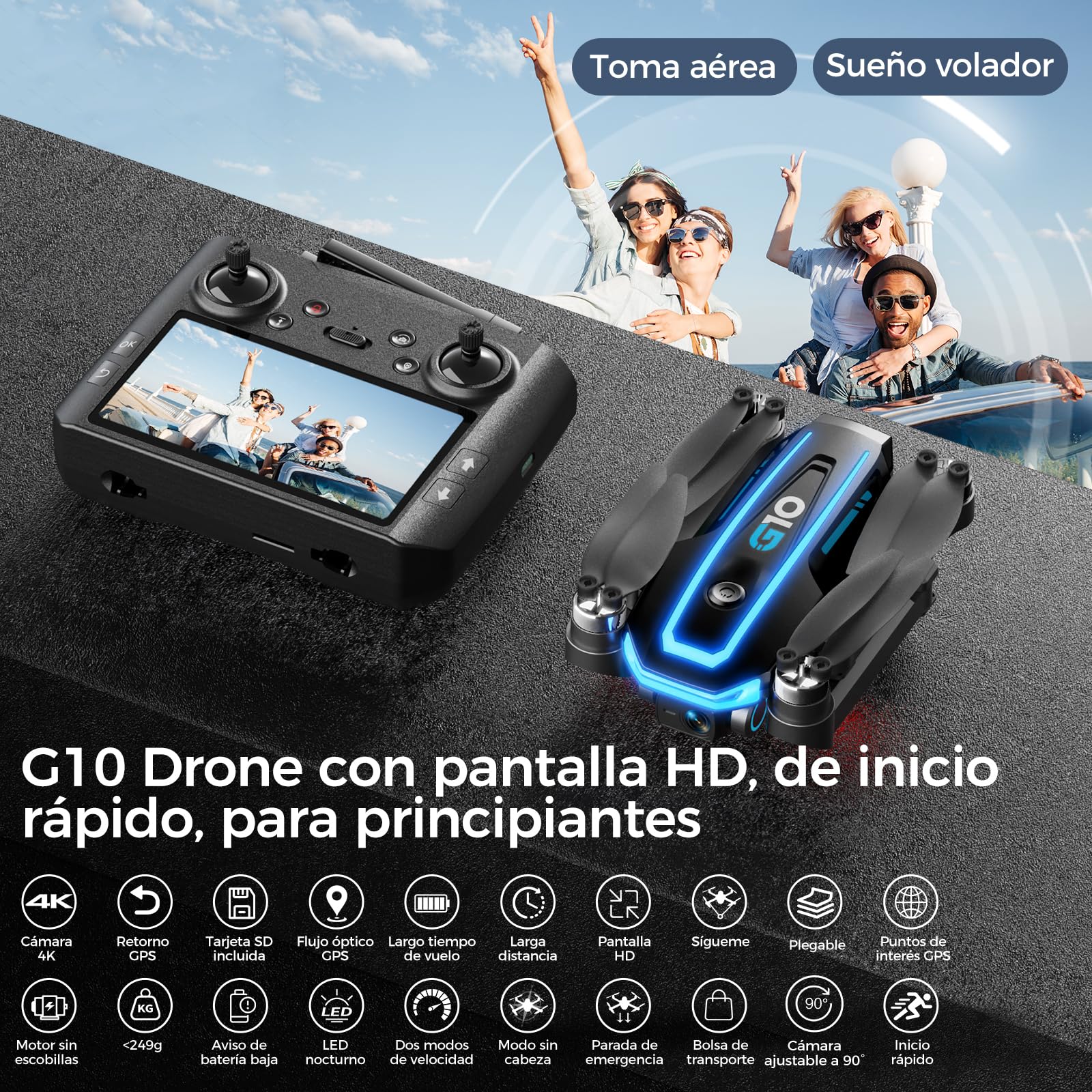 G10 GPS Drones con Cámara EIS 4k Adultos(control remoto pantalla)45 min tiempo vuelo,Max 600m/1968ft Transmisión, Auto-Retorno, Quadcopter que vuela siguiéndote, Motor sin Escobillas, ＜249 g, C0