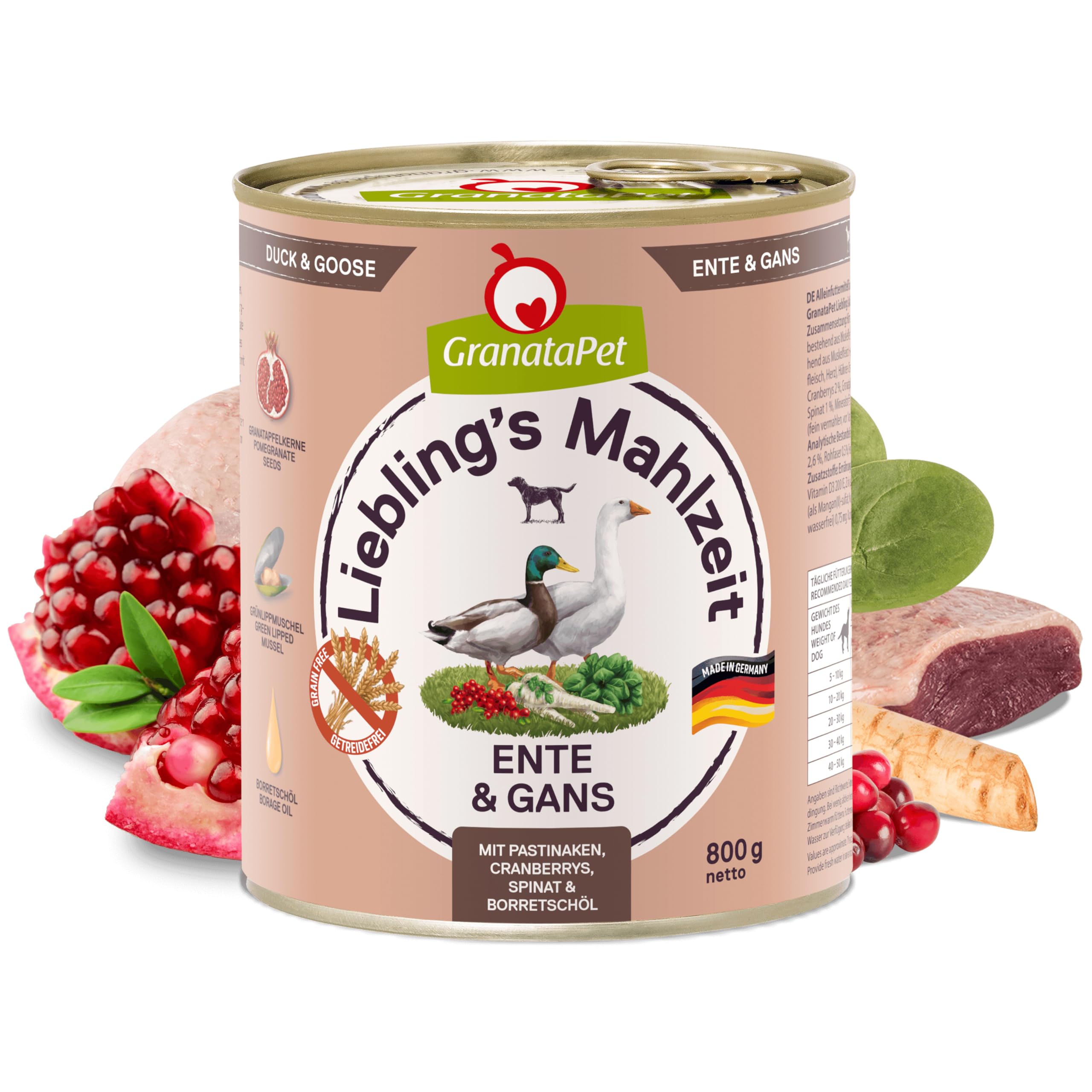 GranataPet Liebling's Mahlzeit kaczka i gęś, mokra karma dla psów, karma dla psów bez zbóż i bez dodatków cukru, mieszanka paszowa pełnoporcjowa, 12 x 800 g