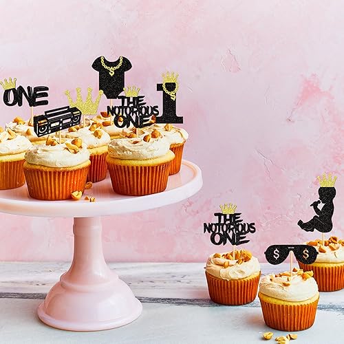 Miniatura 3 de Ercadio Paquete de 24 adornos para cupcakes The Notorious One con purpurina negra, Hip Hop, 1st Cupcake Picks The Big One, decoraciones para baby
