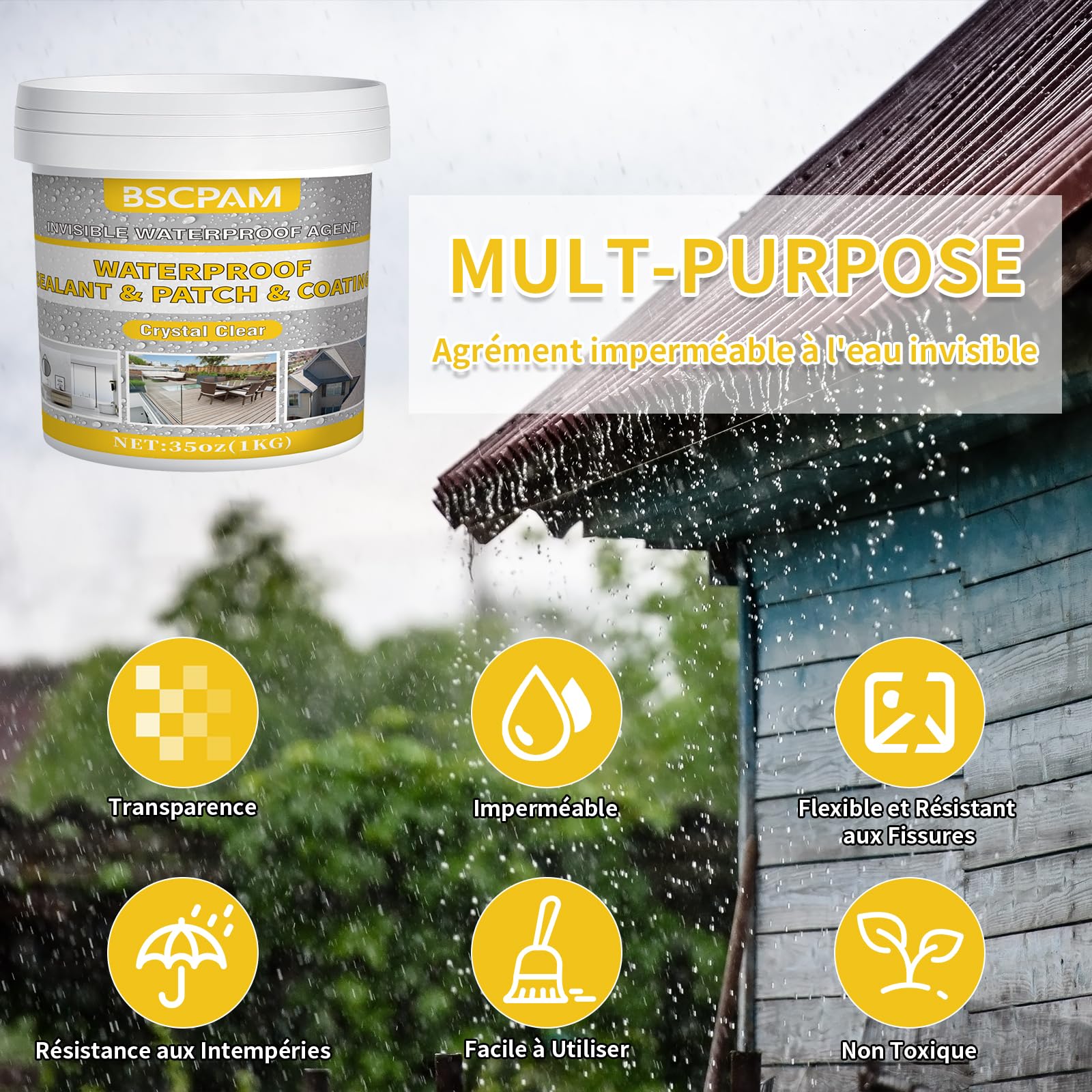1KG Agent Imperméable Invisible,Membrane d'Étanchéité Waterstop,Joint Etancheite pour l'intérieur et l'extérieur,Waterproof Coating Transparent pour Terrasse,Facade,Toiture et Bain