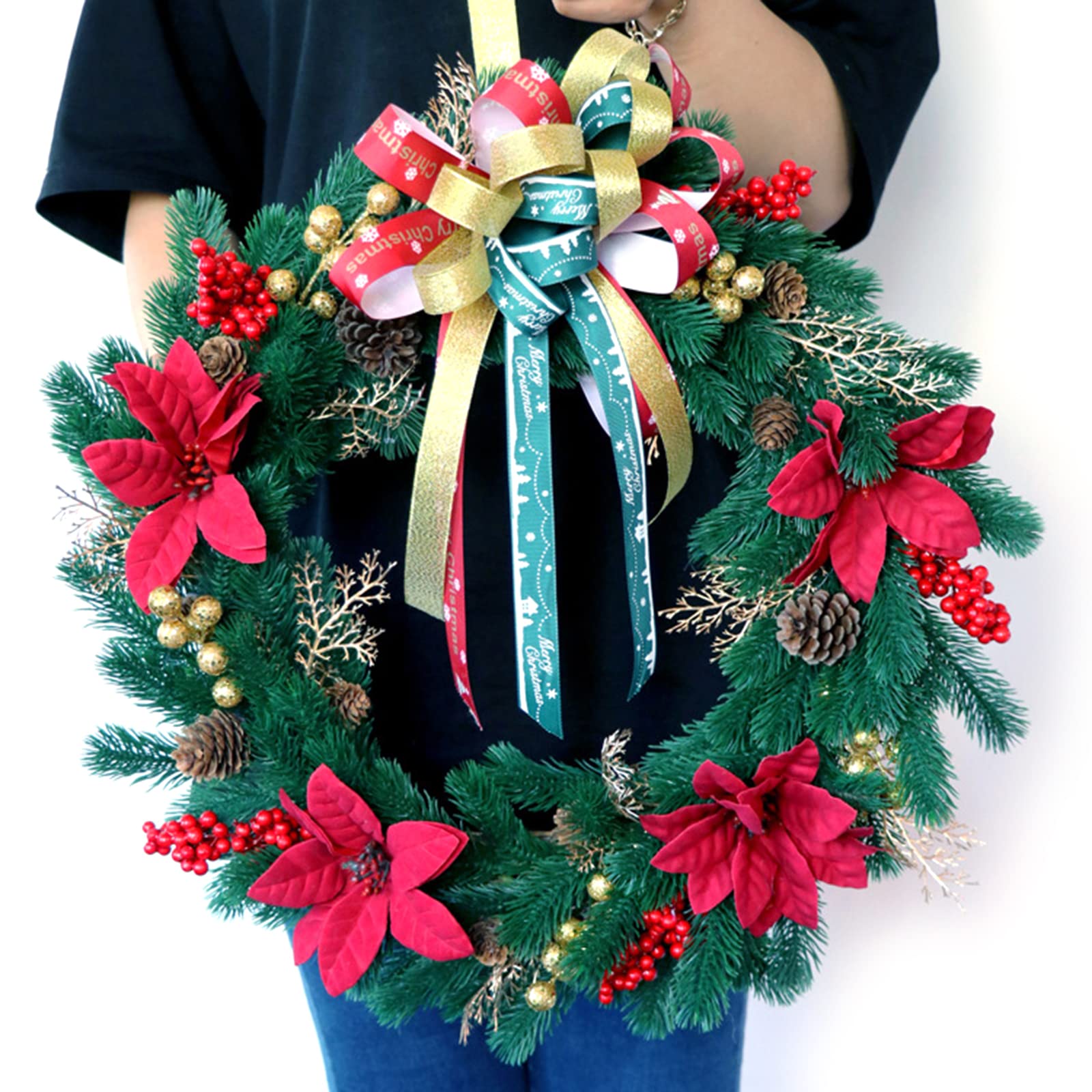 Corona de Navidad artificial de invierno con piña, frutos rojos, hojas de pino, árbol de puerta delantera, decoración de pared, corona de Navidad, contenedor de almacenamiento, grande