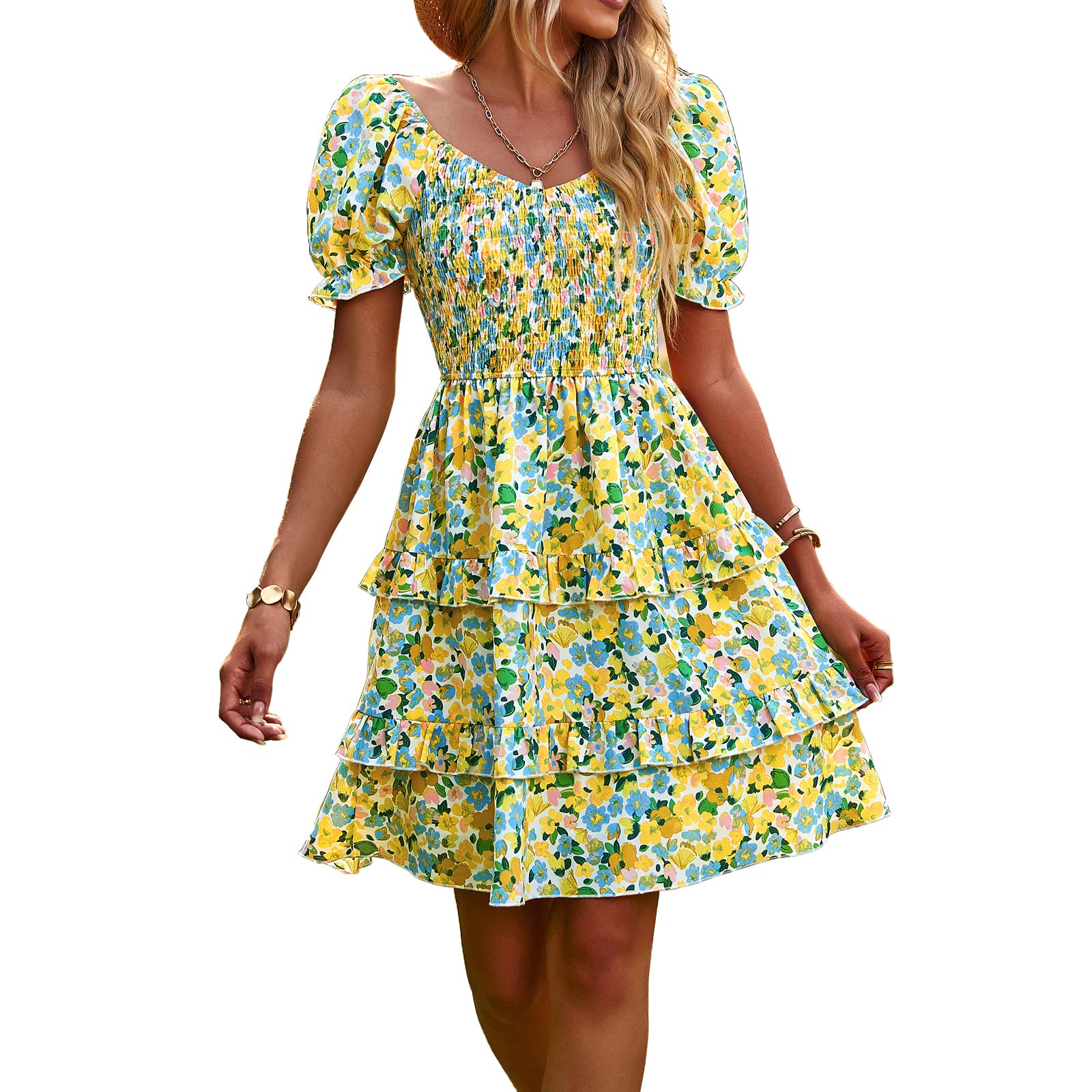 OUSIMEN Women's Dresses Casual Summer Print Ruffle A Line Short Sleeve Mini Floral Dress for Women Yellow S