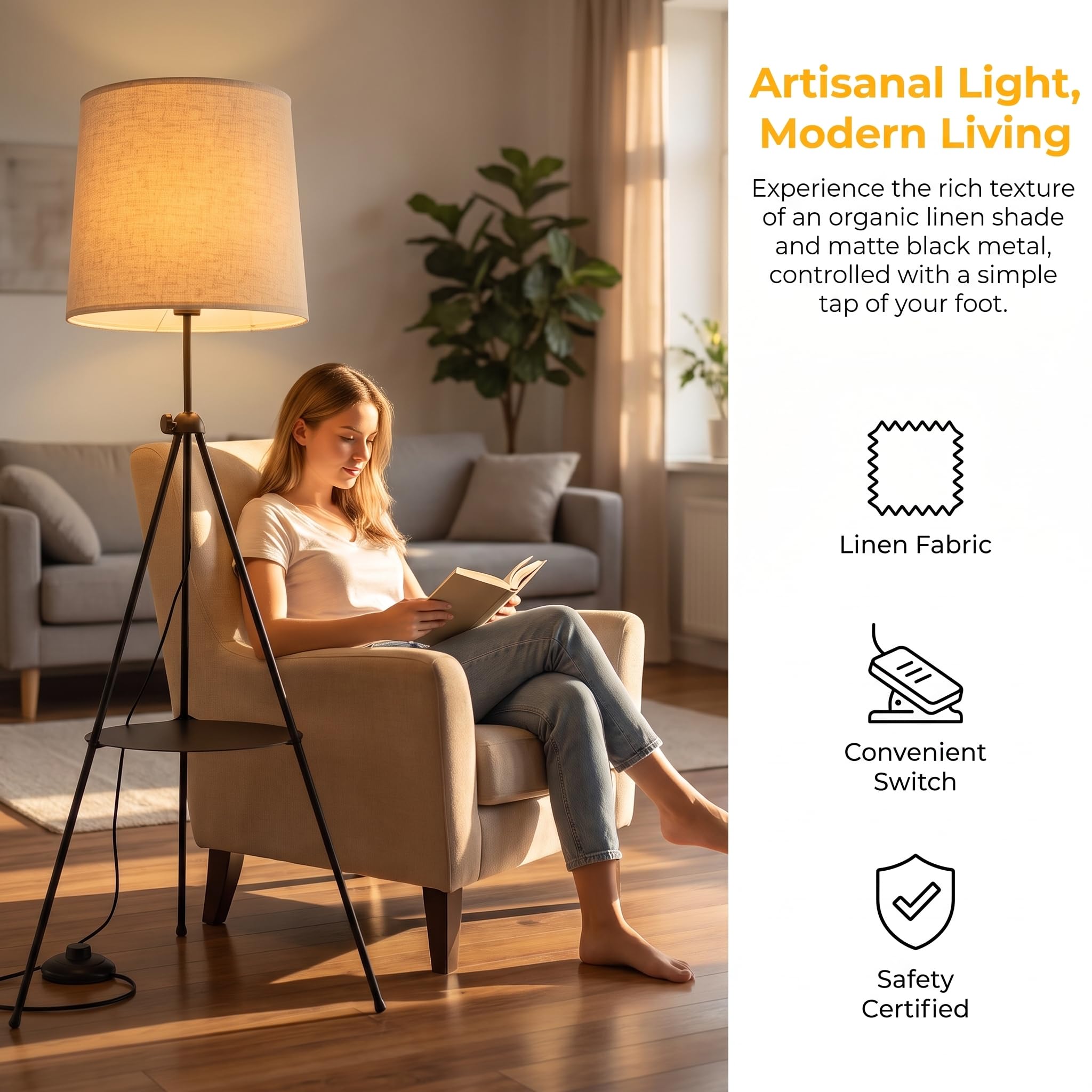 BARCELONA LED Stehlampe Madison Beige Mit Beistelltisch | Beiger Textilschirm, Stabiles Dreibeingestell, Höhenverstellbar, E27 Fassung, Angenehmes Raumlicht