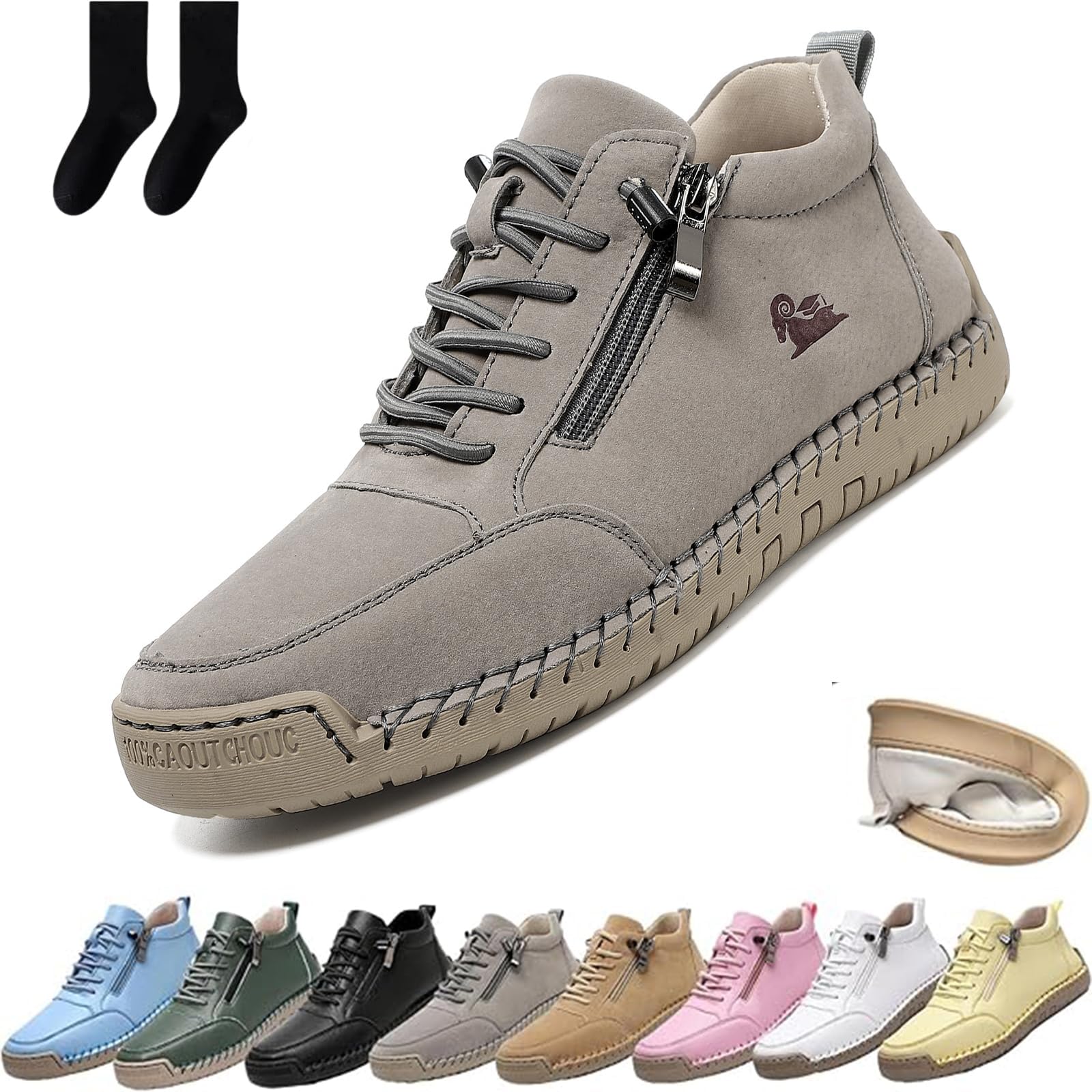 Handgefertigte orthopädische Bequeme Lederschuhe Montela Schuhe Damen Herren, Leder-Turnschuhe mit seitlichem Reißverschluss, Flache Outdoor-Schuhe, Freizeitschuhe zum Fahren und Gehen