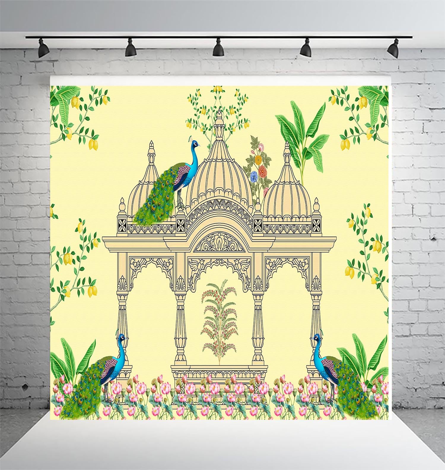 Dhara Yellow Peacock Pooja Gate Art Printed (8FT-8FT) Backdrop Cloth for Pooja Decoration Traditional Background Curtain Cloth for Festival. (Washable Fabric)