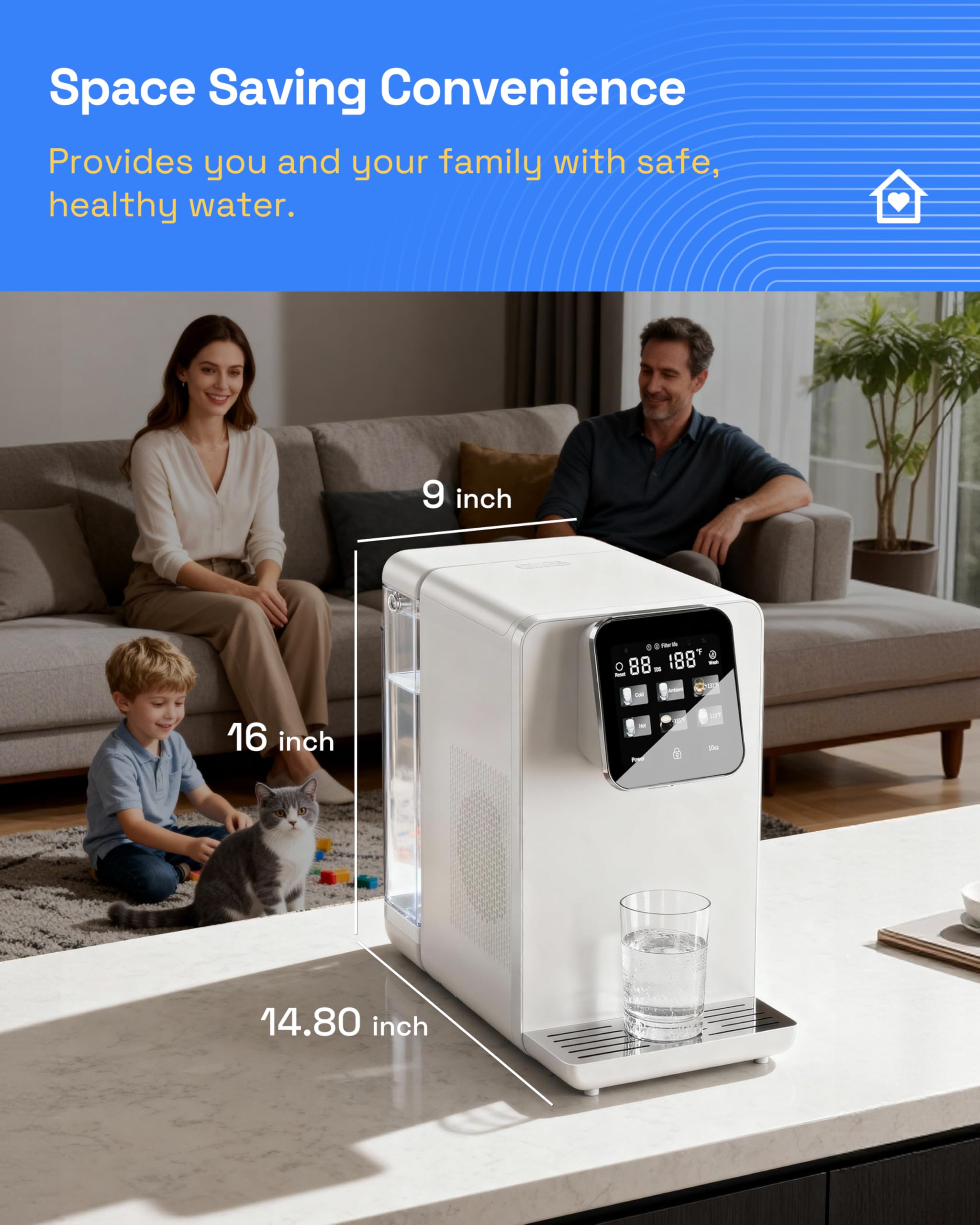 HBN Sistema di filtraggio dell'acqua a osmosi inversa da banco caldo e freddo, 6 opzioni di temperatura, doppio filtro PAC+ROC, controllo touch, per cucina domestica o uso ufficio