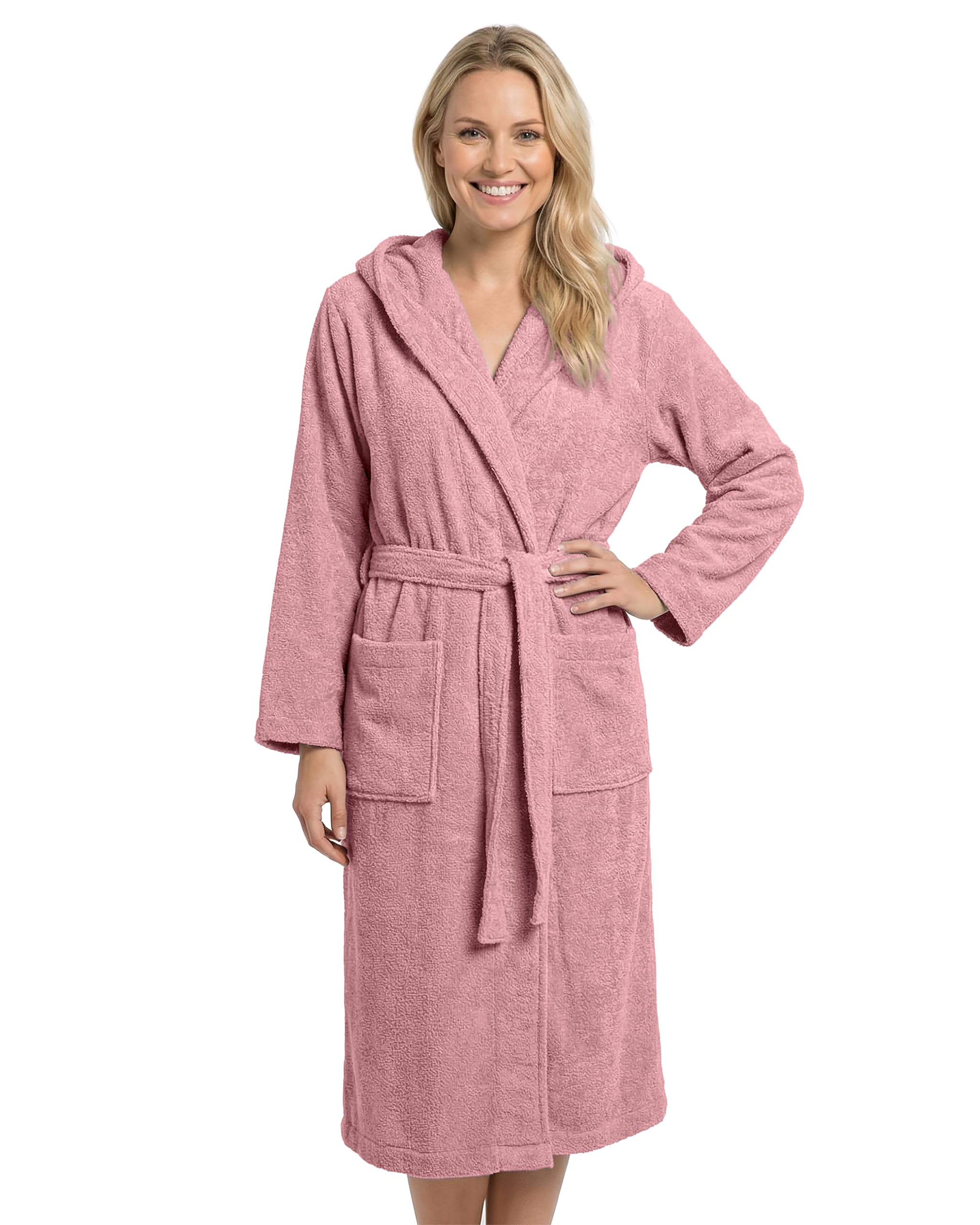 LAYNENBURG Bademantel Damen Frottee aus 100% Baumwolle – OEKO TEX Standard – weicher Morgenmantel langmit Kapuze, Bindegürtel und aufgesetzten Taschen – ideal für Sauna & Zuhause (S-XXXL)