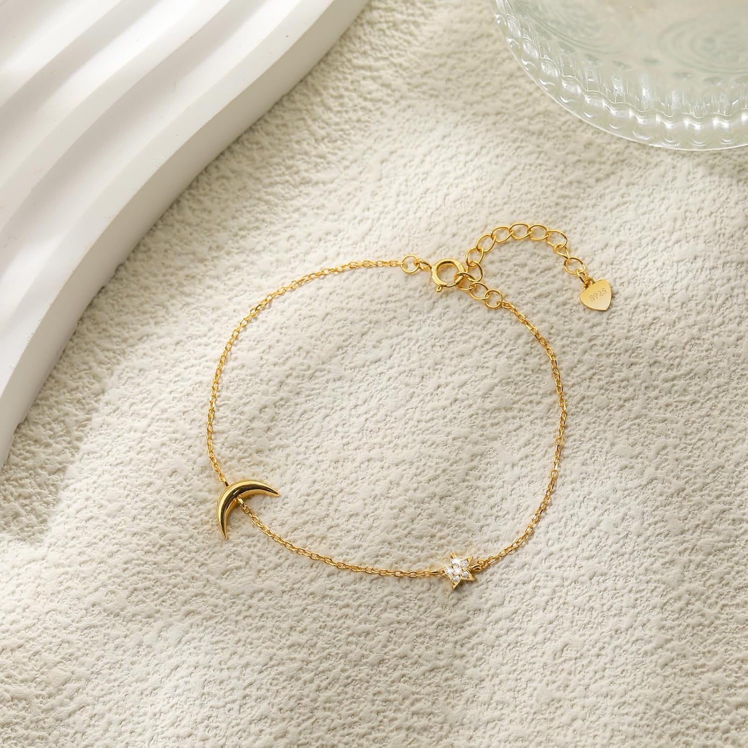 Love Heart Bracelet for Women 925 Sterling Silver Cute Star Moon Emerald Charm Chain Bracelet 14k Gold Plated Adjustable Link Bracelet Bangle Jewelry Christmas Gifts to Daughter Mom - Image 6