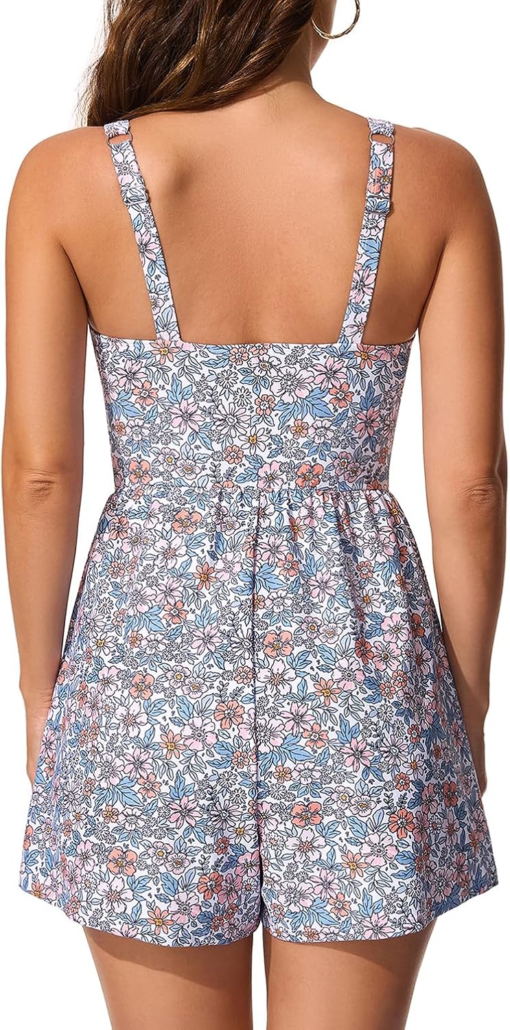 Smismivo Swim Rompers for Women Tummy Control V Neck Swimsuits with Shorts One Piece Modest Bathing Suits Full Coverage 2026