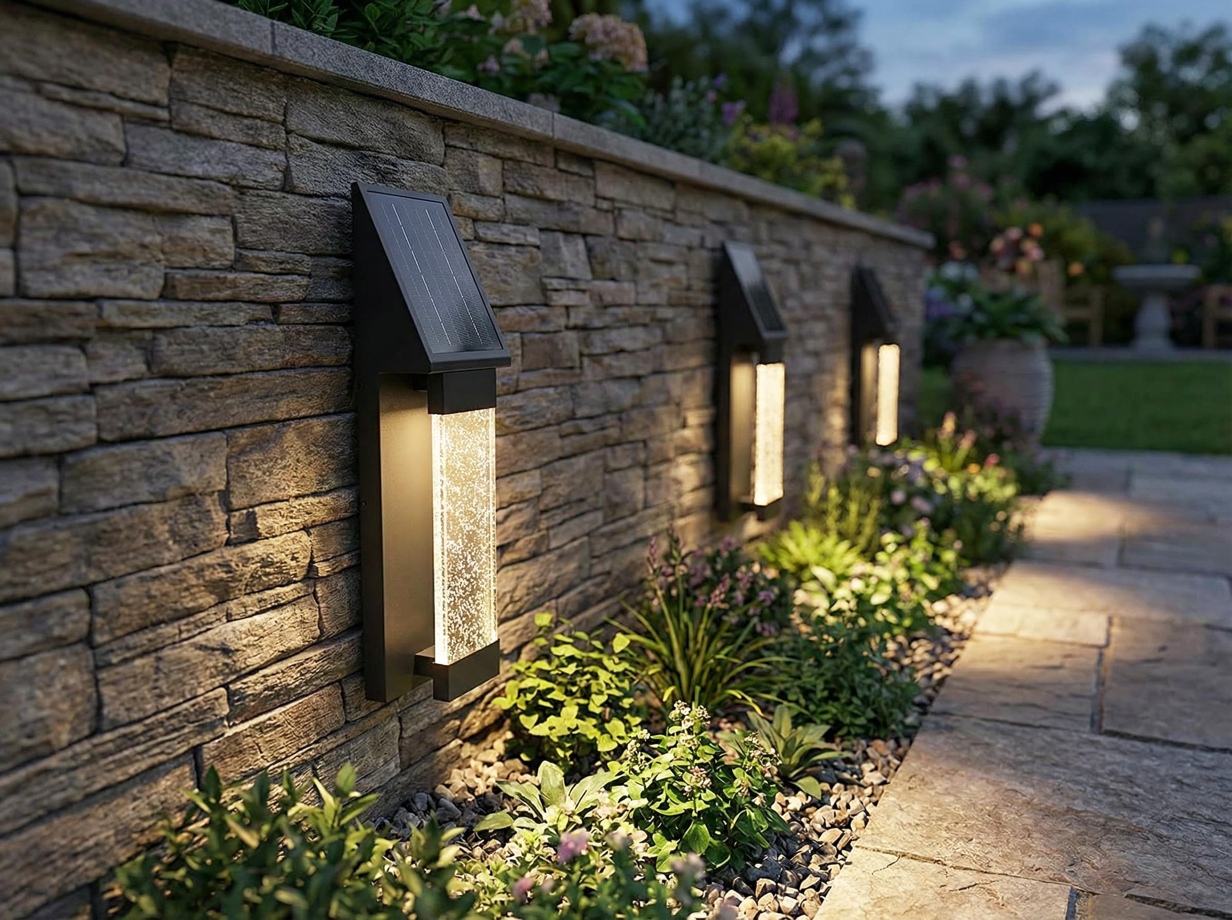 Arnusa Solar Außenwandleuchte Edelstahl mit Acrylglas Luftblasen LED warmweiß, Solar Wandlampe mit Fernbedienung & Dämmerungssensor, moderne Außenbeleuchtung Garten Terrasse Hauswand (50 cm)
