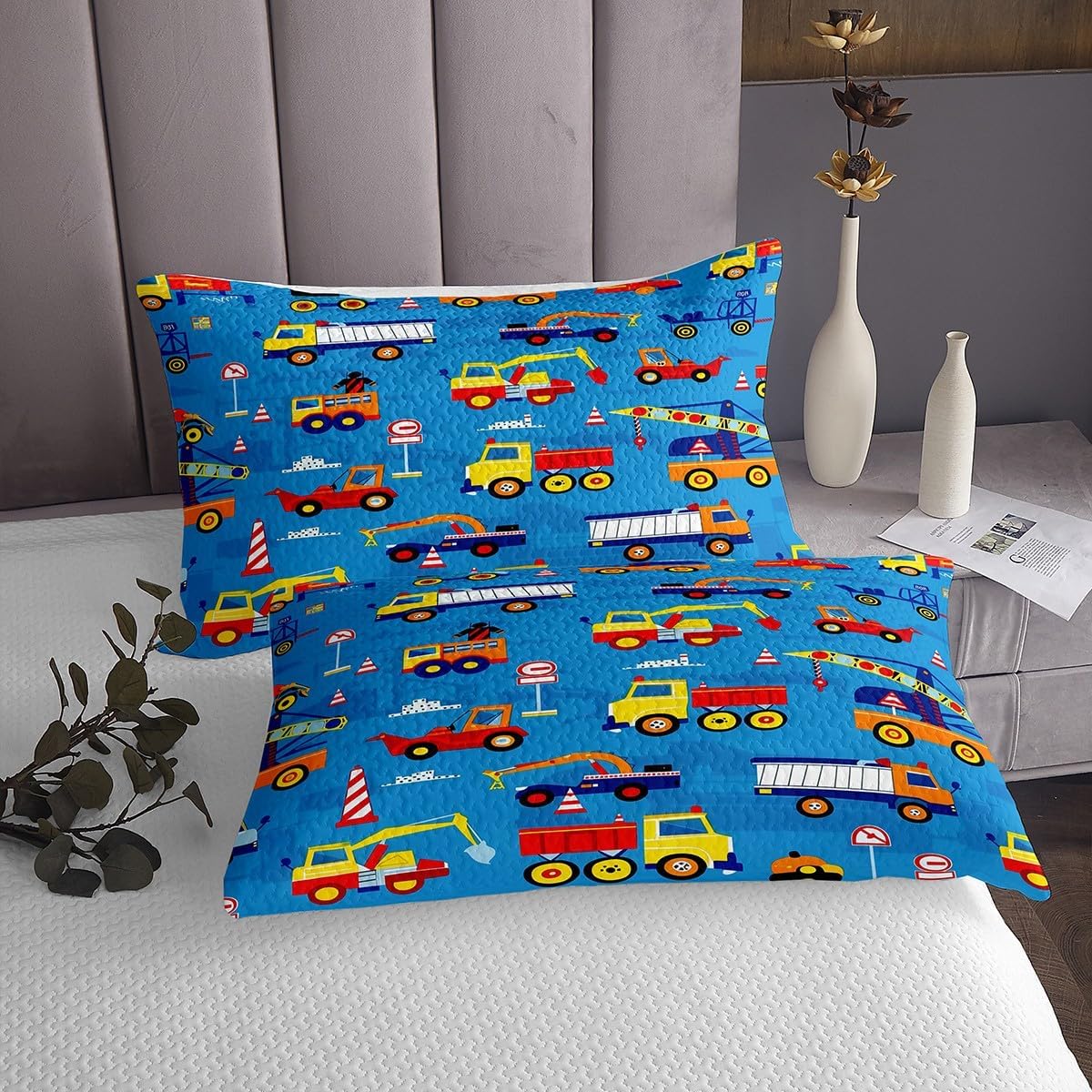 Cartoon Car Bedding Set Twin Size,Excavator Tractor Truck Kids Bedspread for Boys Teens Bedroom Decor,Building Construction Vehicles Comforter Sets Modern Blue Quilt Coverlet,1 Pillowcase