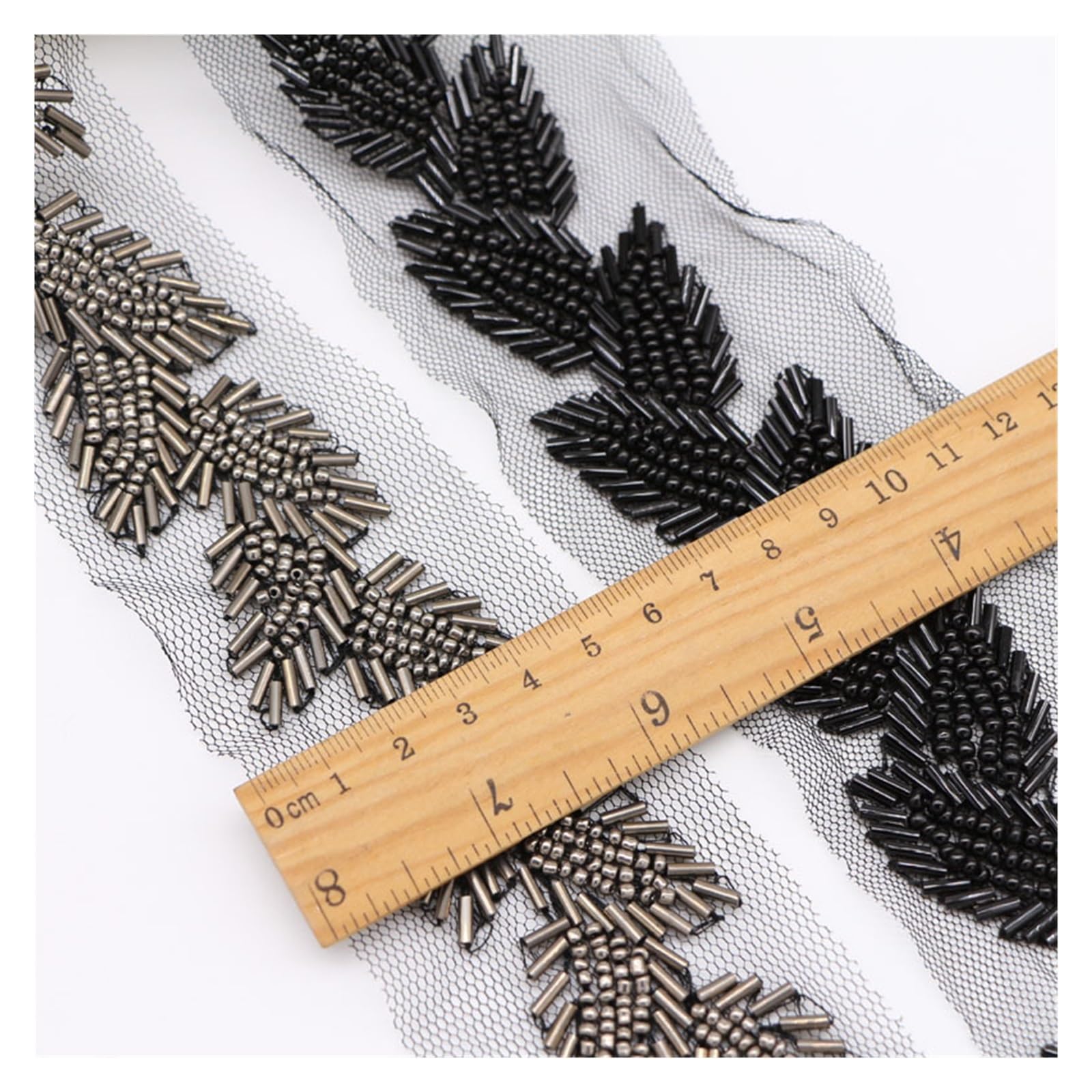 Puntilla De Encaje Con Strass En Forma De Flor Tela de malla hojas con adornos encaje cuentas perlas, 5cm, 1 yarda
