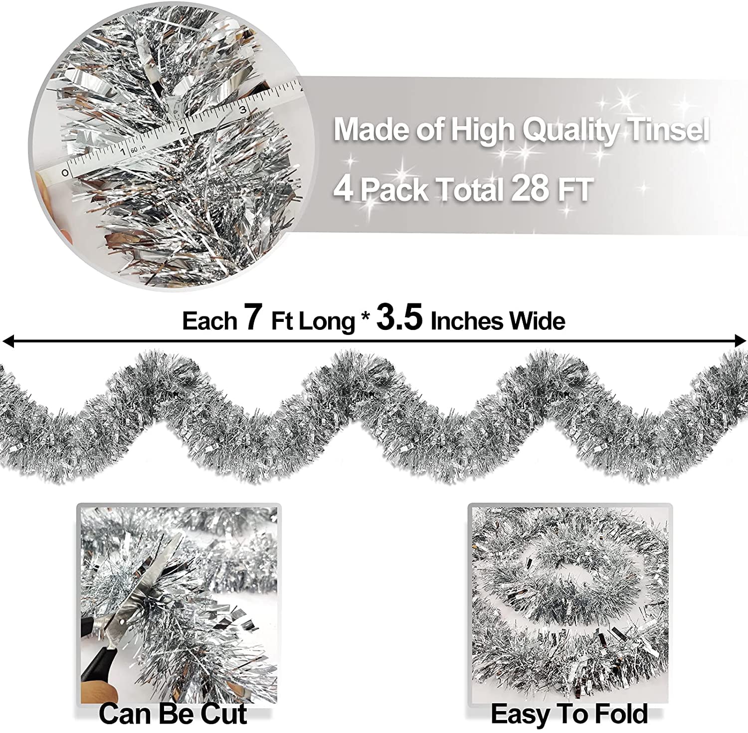 ZKTYQUIHE 4 Pack Total 28 Ft Tinsel Garlands Christmas Tree Decorations - Image 2