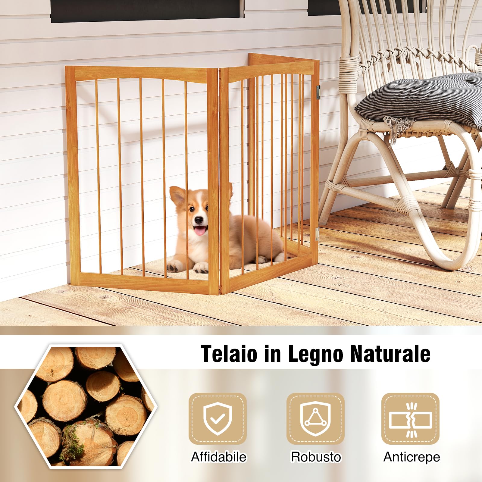 COSTWAY Cancelletto in Legno per Cani 159 x 76 cm, Recinto per Bambini, Cancello Pieghevole a 3 Pannelli per Porte, Scale e Corridoi (Marrone)