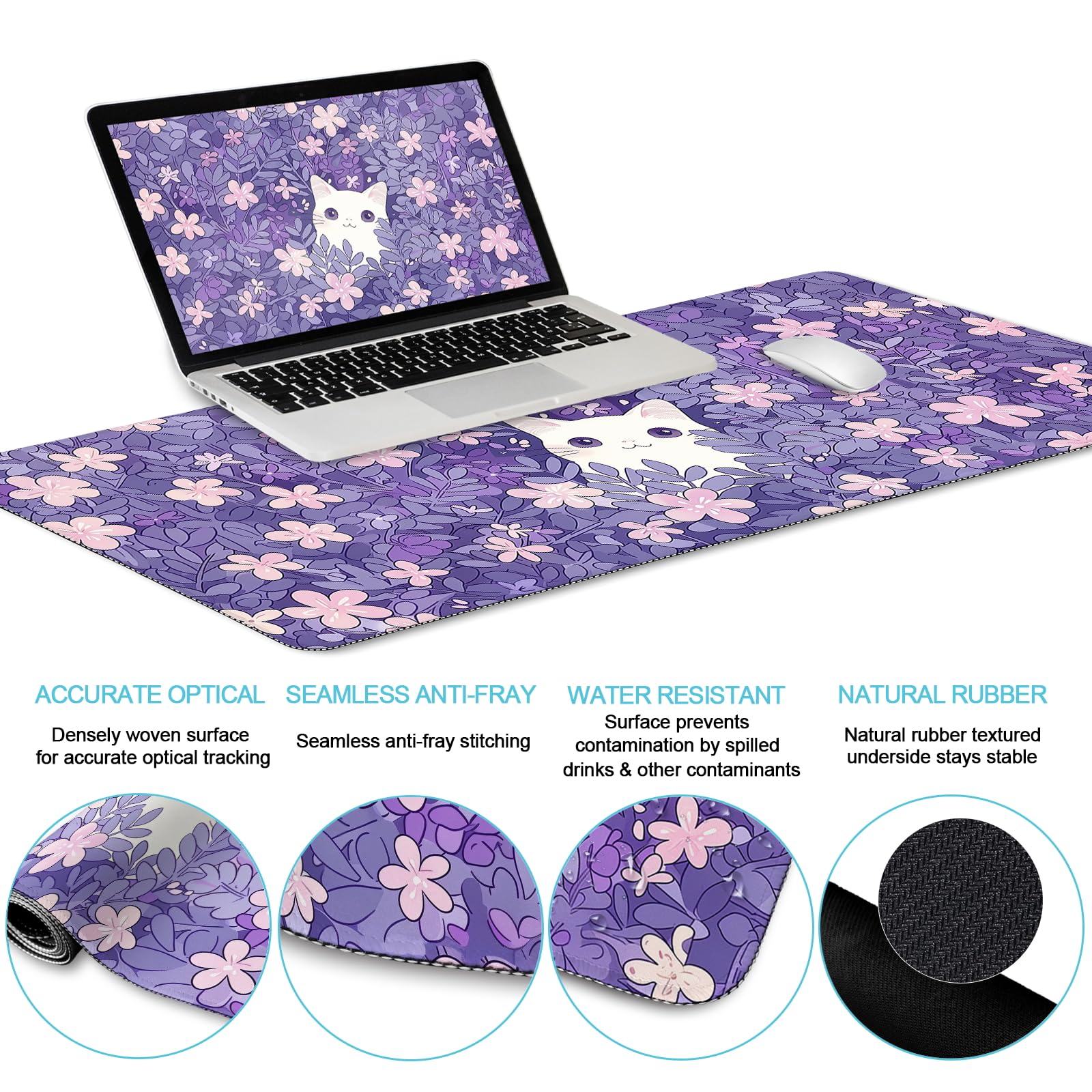 LIMKRIAN Set di tappetino per mouse viola, grande tappetino per mouse con gatto kawaii con poggiapolsi per tastiera supporto per polso XXL tappetino per mouse set sottobicchiere per tazze, carino