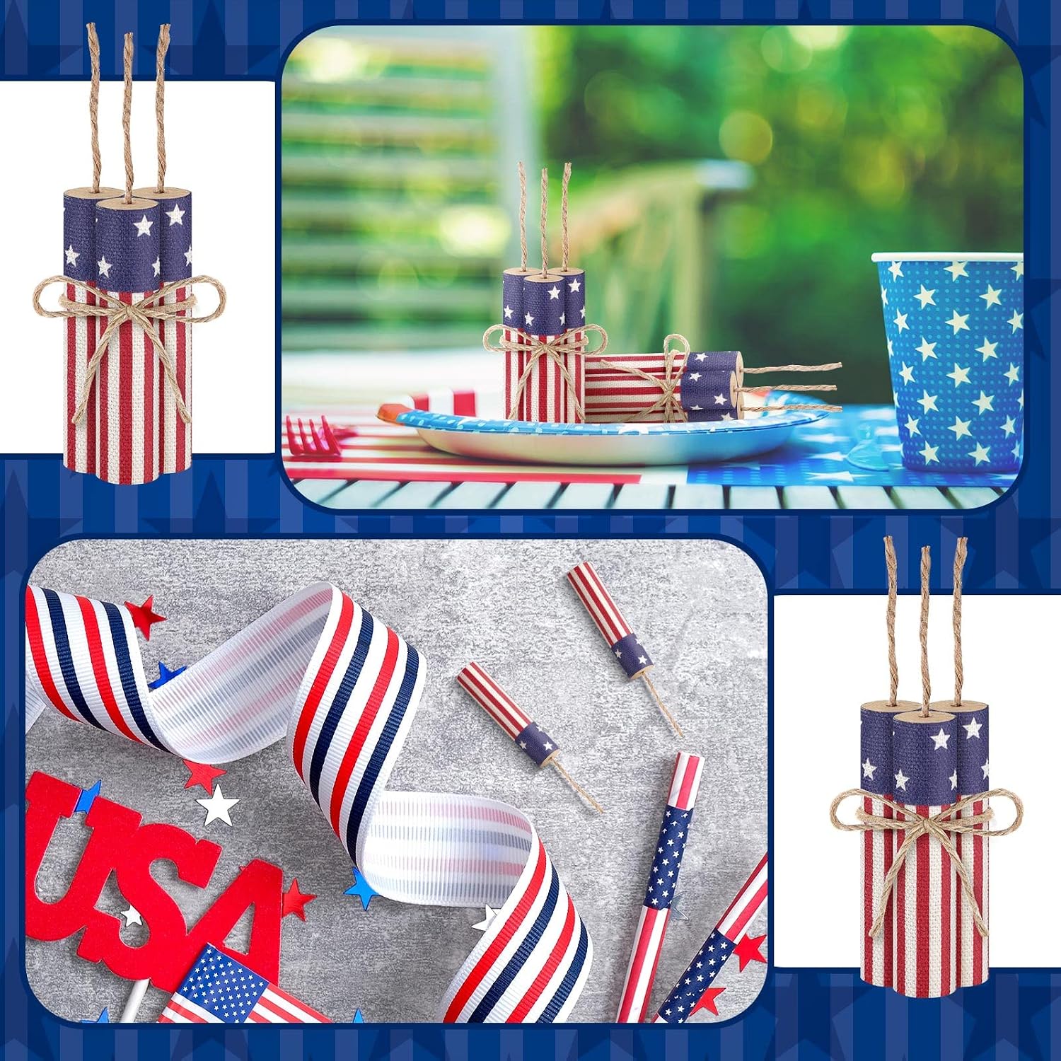 Maitys 12 Pcs Firecracker Decorations 4th of July Tiered Tray Decor Wooden Patriotic Table Decor Independence Day 250th Anniversary Firework Signs Red White Blue Centerpieces for Home Table Top Office
