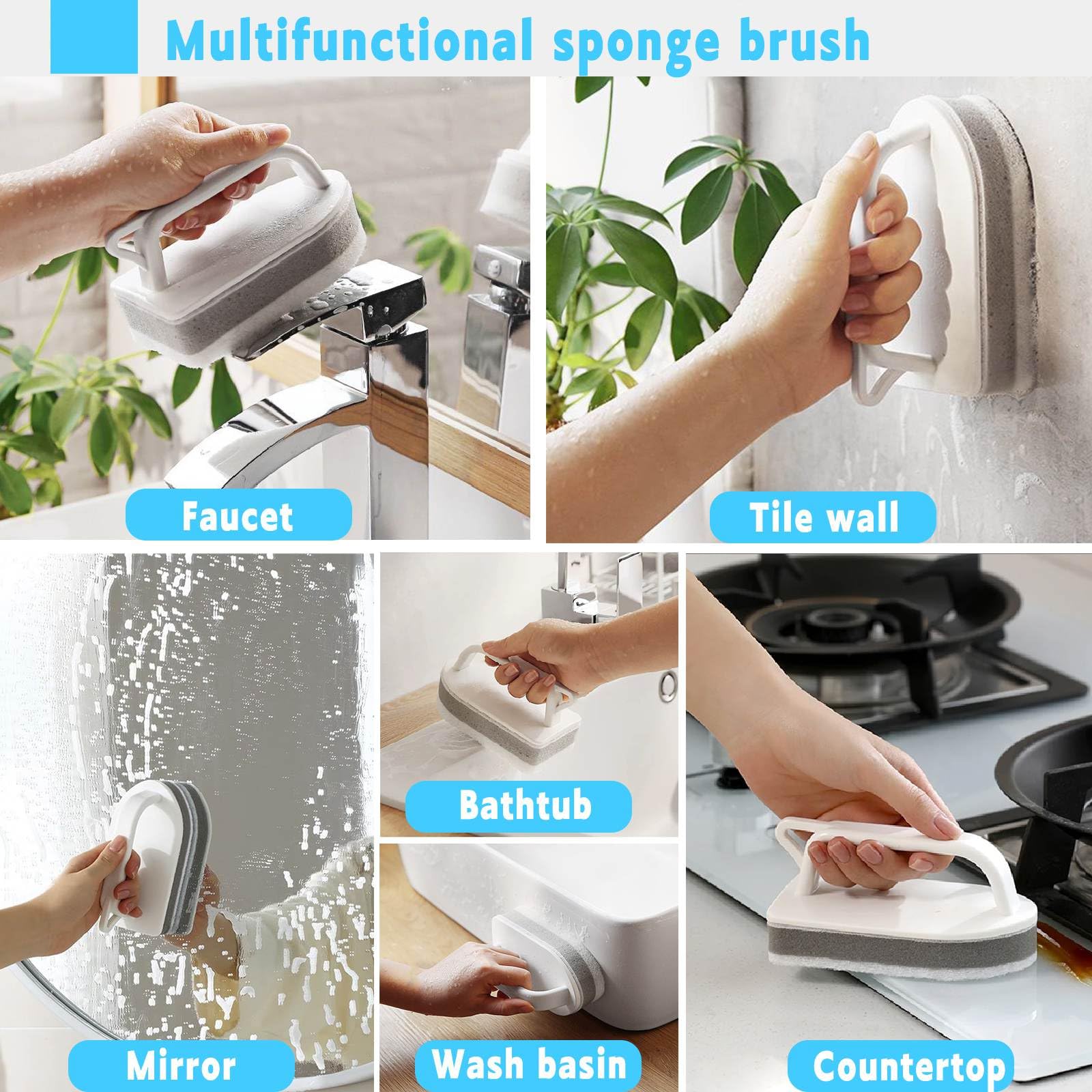Brosse à récurer avec poignée, brosse à récurer pour salle de bain, éponge anti-rayures, élimine les résidus de savon, cuisine, piscine, baignoire, carrelage de douche