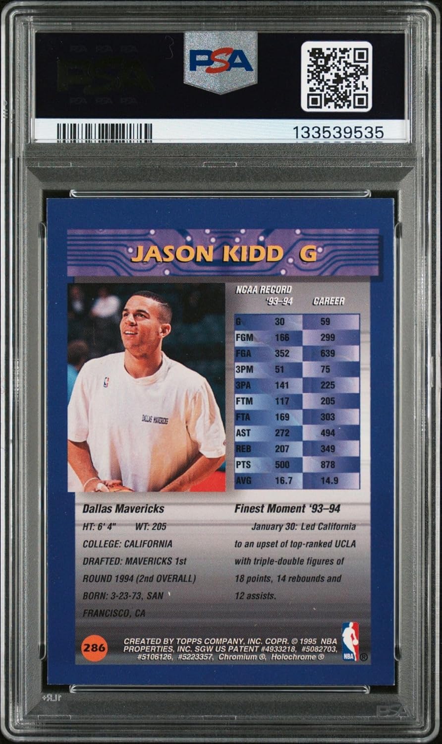 Jason Kidd 1994 Topps Finest Signed Basketball Rookie Card #286 Graded PSA 8 Auto 10 Cert #133539535