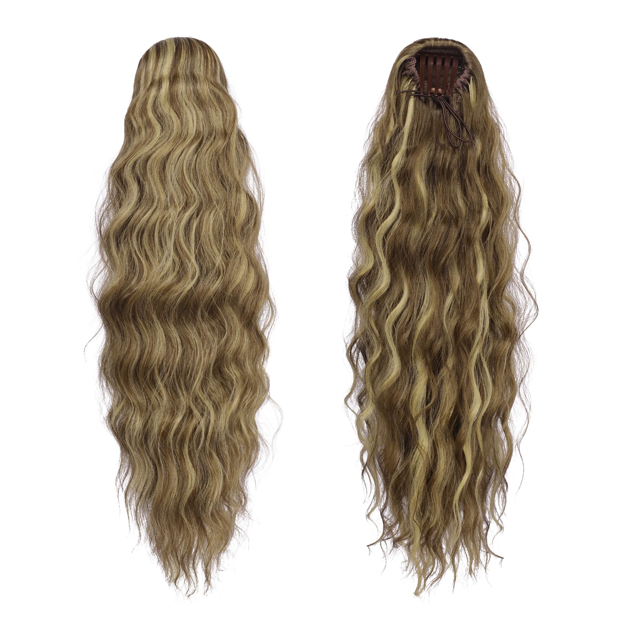 FESHFEN Coletas Postizas Pelo Ondulada, Largo Cola de Caballo Extensiones con Peine Sintetico Postizos Ponytail Extensiones de Cabello para Mujer, 60 cm Marrón Claro & Rubio