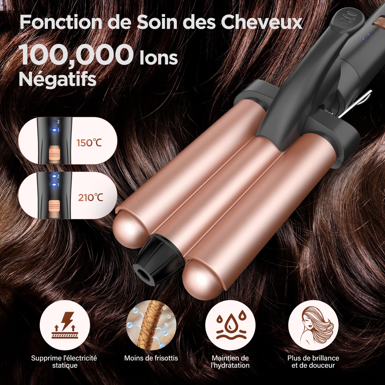 BESTOPE MIX Boucleur a Cheveux, Fer à Boucler 3 Tete avec un Lisseur Cheveux antistatique en céramique pour cheveux avec température réglable Réchauffement rapide Fer à Friser Rose Gold 5 en 1