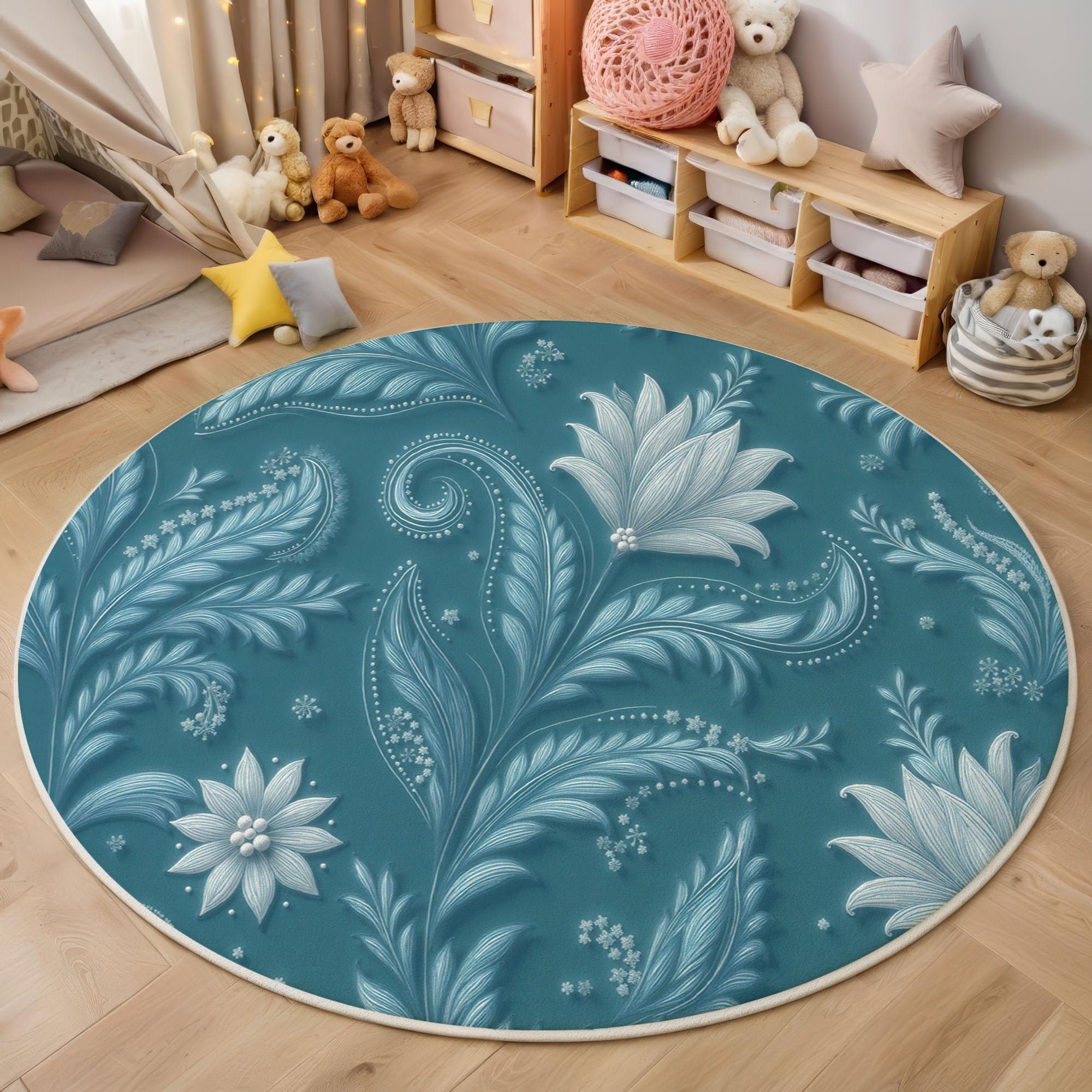 Tapis rond bleu-vert 120cm doux et stable anti-glisse pour salon