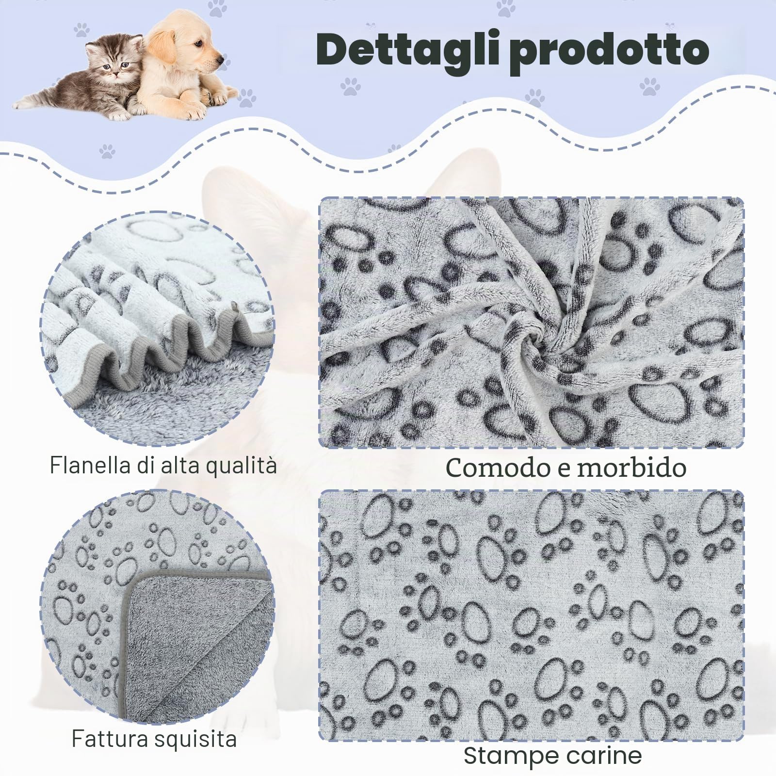 Coperta Per Cani Lavabile Flanella Morbida Calda 60×40cm Grigio Impronte Zampe