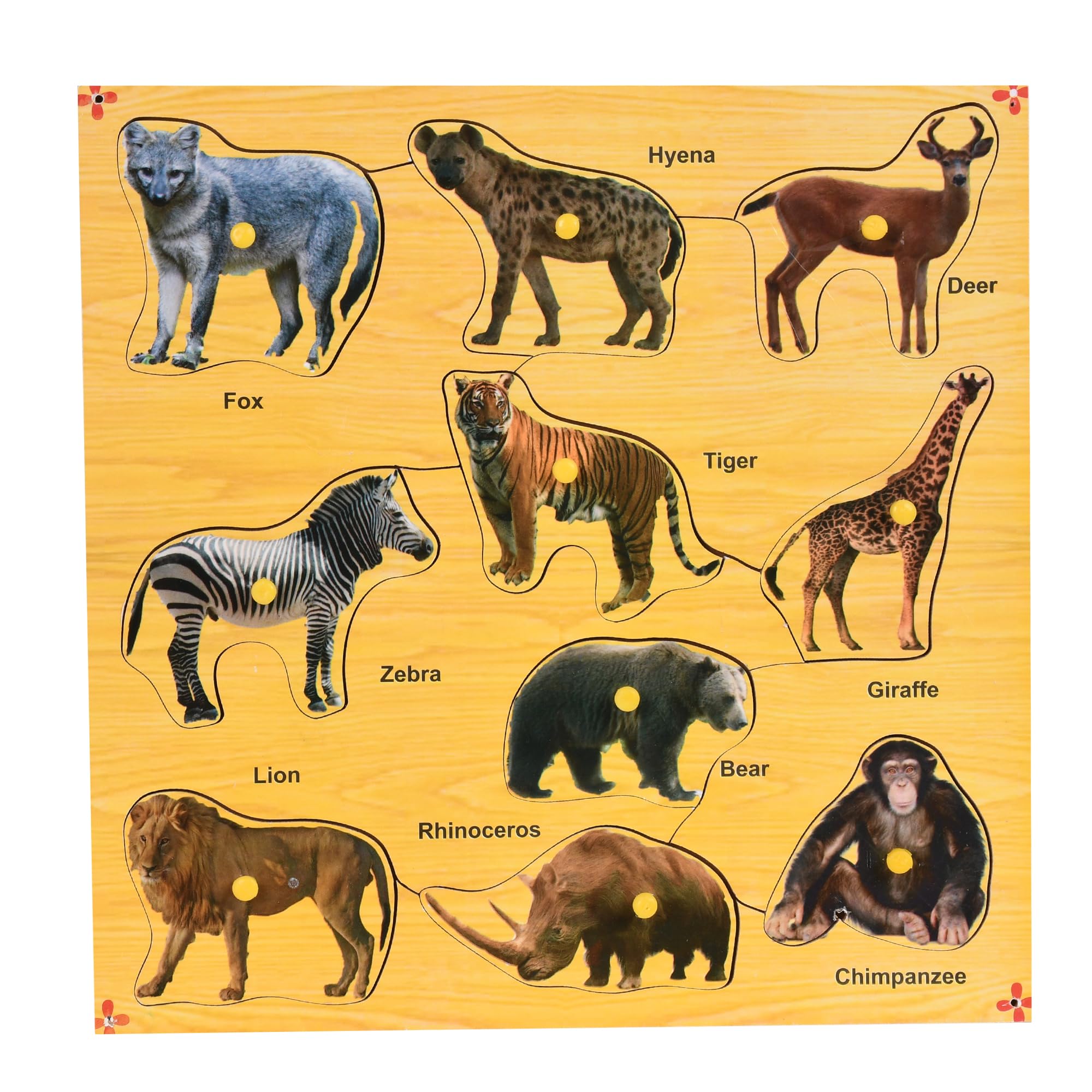 CloudTech® Wooden Wild Animals Puzzle with Knobs Educational and Learning Toy for Kids | Learning pegged Puzzles for Toddler Ages 2+ - (12 X 12 Inch)