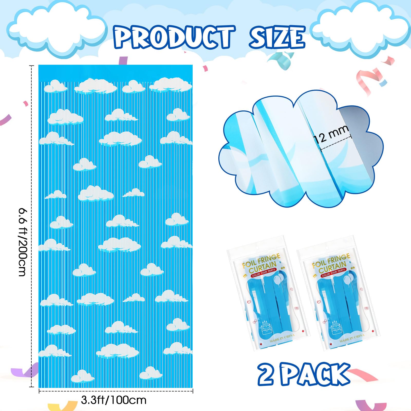 XunYee Paquete de 5 Cortinas de Flecos de Papel de Aluminio con diseño de Nubes Blancas y Cielo Azul, Cortinas de Historias de Dibujos Animados, Decoraciones de Fiesta de cumpleaños para Baby Shower