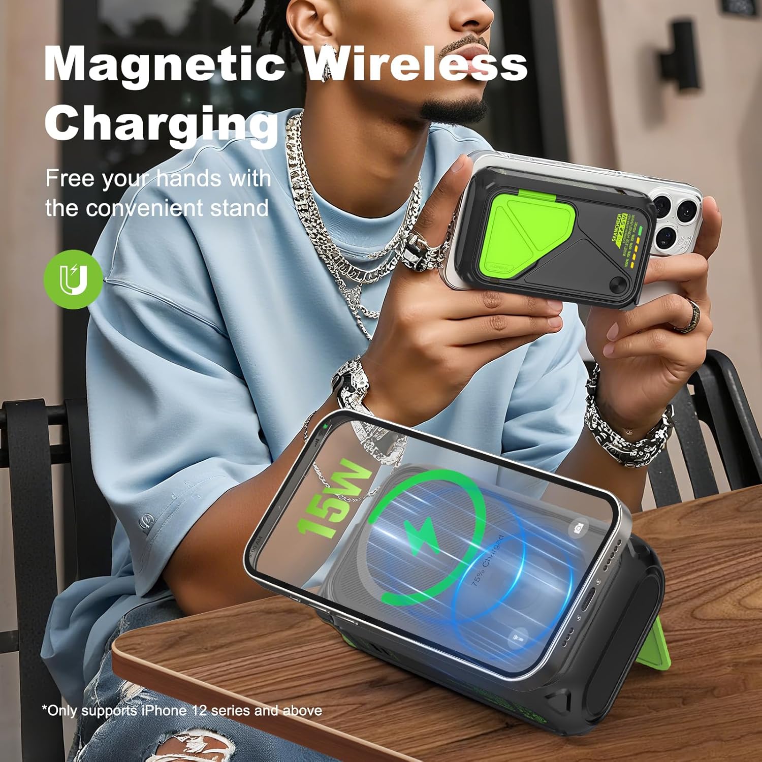 SEANCHEER P05 Portable Charger for magnetic wireless charging on a smartphone, with the integrated kickstand deployed.
