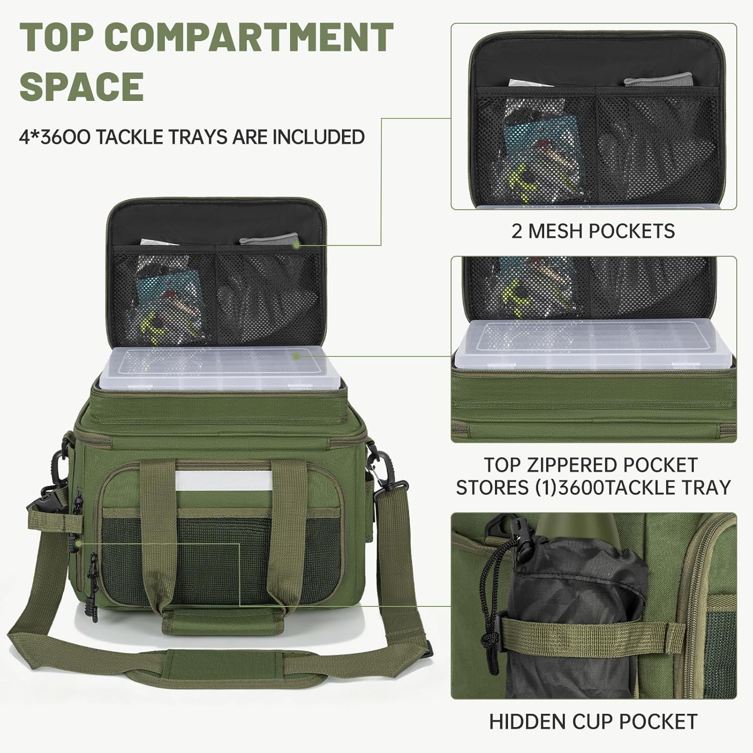 Fishing Tackle Bags with 4 * 3600 Tackle Boxes - Saltwater & Freshwater Compatible, Water Resistant & Durable Fishing Bags with Padded Shoulder Strap - Pliers and Gear Storage Green