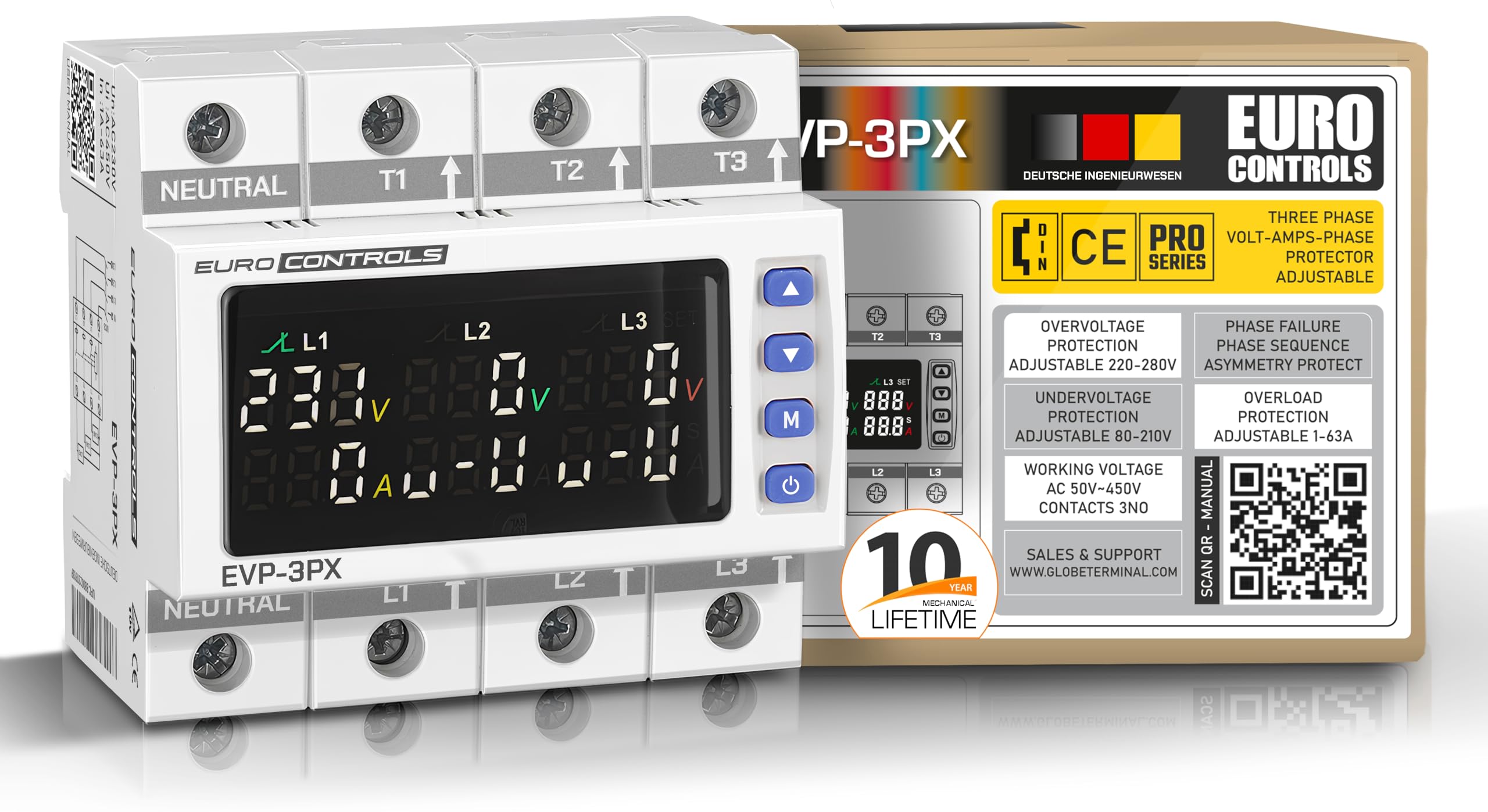EVP3PX - 3 Phase Voltage Protector - 63A - Adjustable Over/Under Voltage/Over Current/Voltage Asymmetry/Phase Sequence & Failure Protector - Auto Recovery Switch - Voltage & Amp Meter-image-23