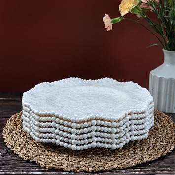Beaded Melamine Dinner Plate, Set of 6, 11 '' Elegant Scalloped Rim big Salad/Dessert Plates Sets, Stone marble look kitchen plate, Creamy white