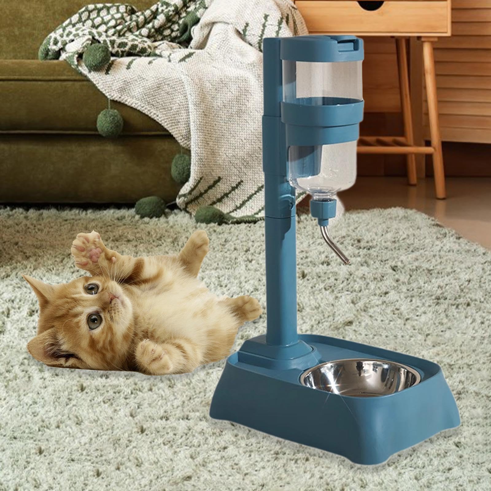 Generic Pet Automatic Water Drinker Water Bottle Stand Feeding Station Portable Cat Dog Bowl Automatic Food Feeder for Puppy Hamster, Blue