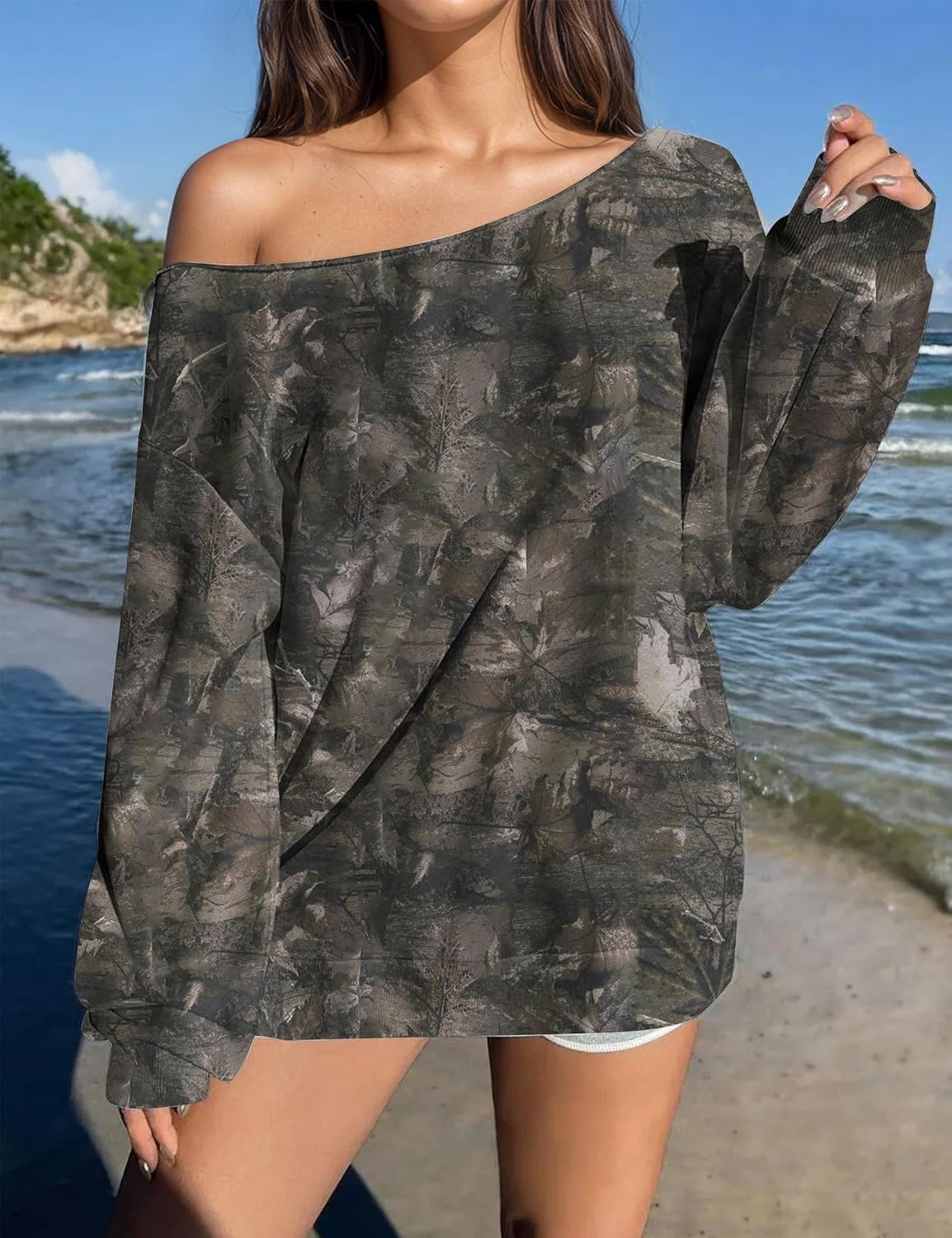 MISSACTIVER Camo Sweatshirt for Women Oversized Fleece Off Shoulder Long Sleeve Maple Leaf Print Pullover Sweater Tops - Image 2