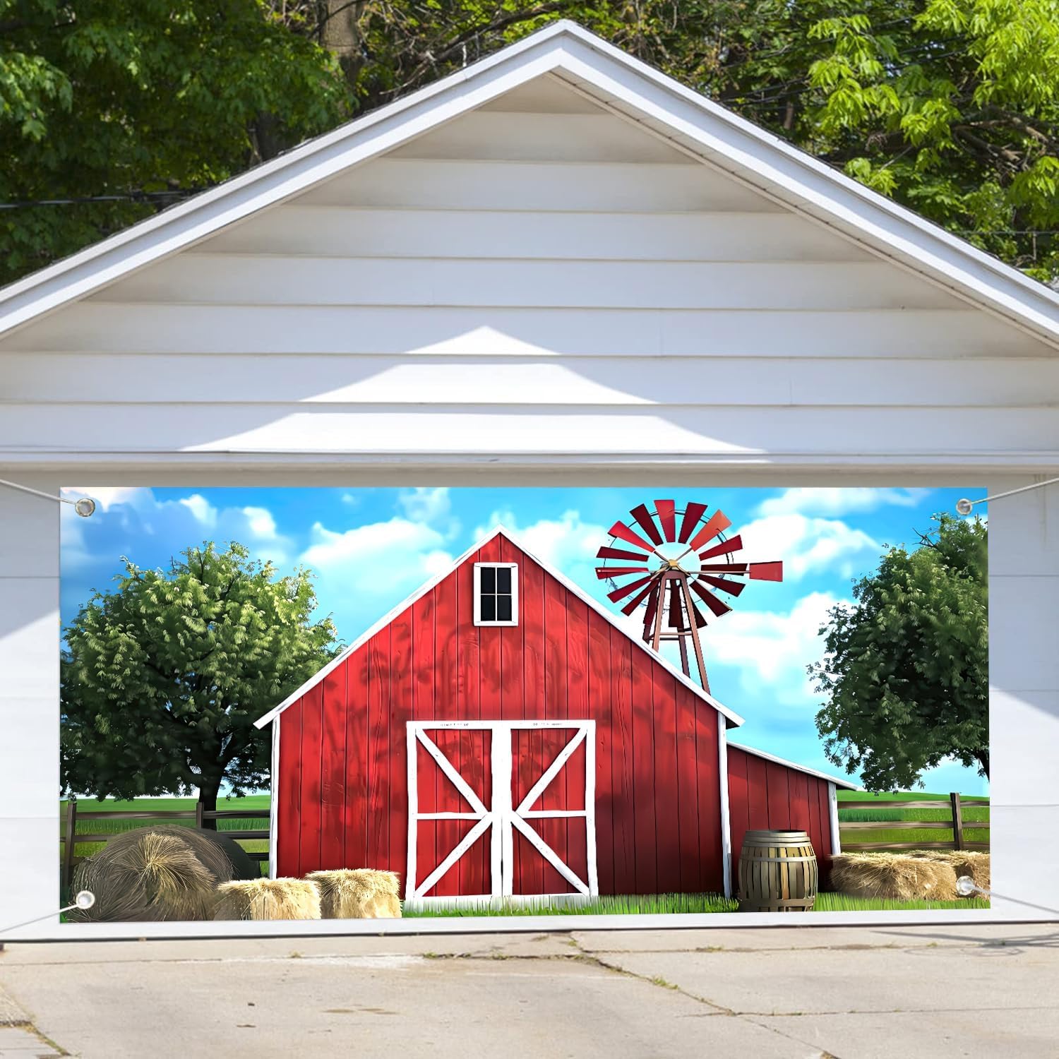 Farm Garage Door Decoration Background Rustic Western Red Barn Blue Sky White Clouds Green Trees Windmills Photo Photography Backdrop Booth Decor