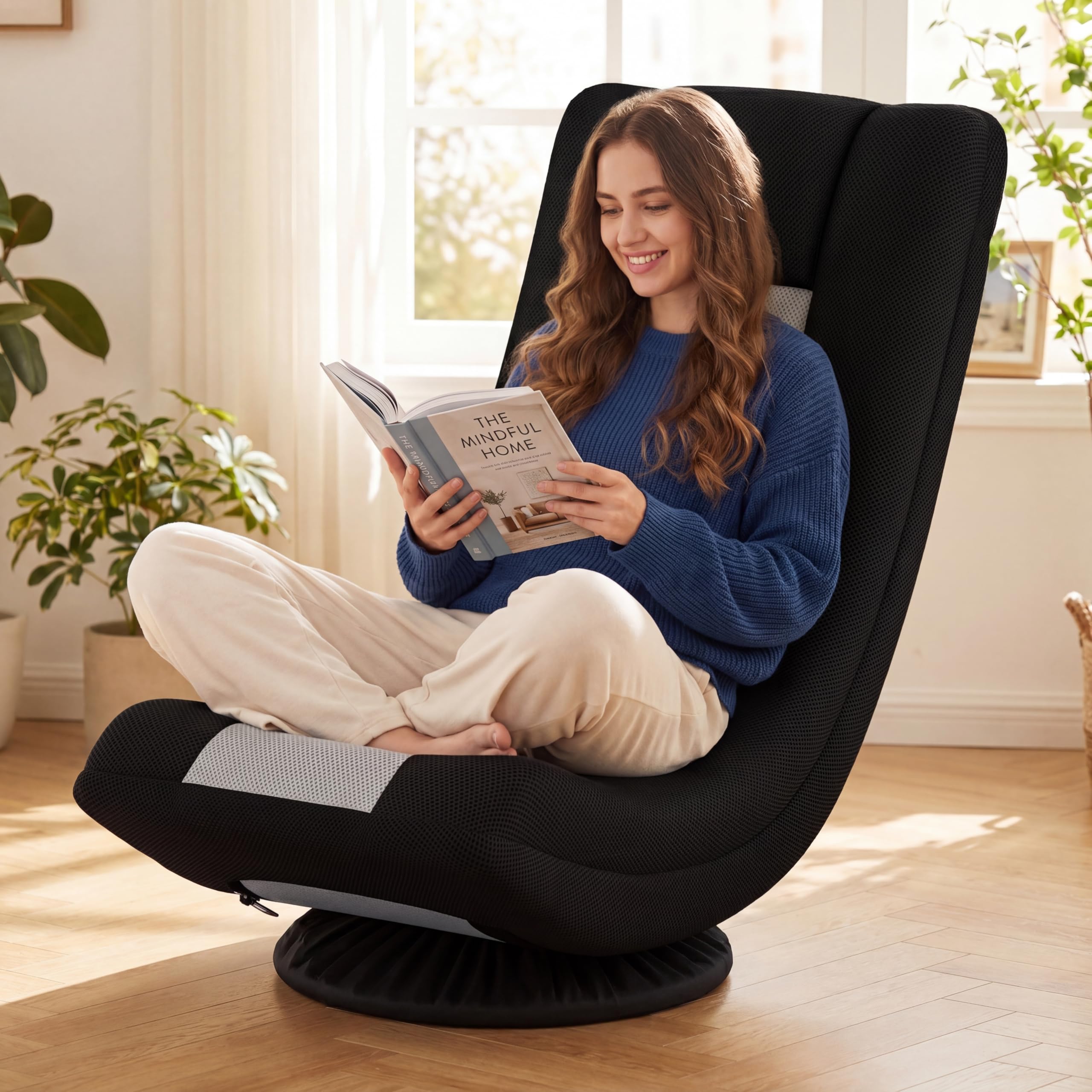 RELAX4LIFE Bodensessel Klappbar, Bodenstuhl mit 4-Fach Verstellbarer Rückenlehne, 360° drehbarem Sockel & Nackenpolster, Meditationsstuhl gepolstert, Gamingsessel Relaxsessel für Wohnzimmer (Grau)
