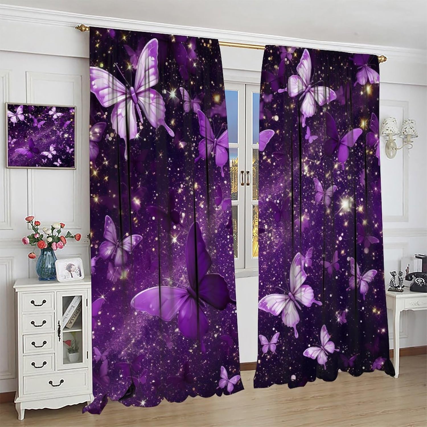 Butterfly Curtains, Purple Dream Fantasy Starlight Butterfly Pattern for Kids Girls Room Decor, Print Blackout Drapes for Living Room Bedroom Kitchen 2 Panel Set 21" W X 54" L