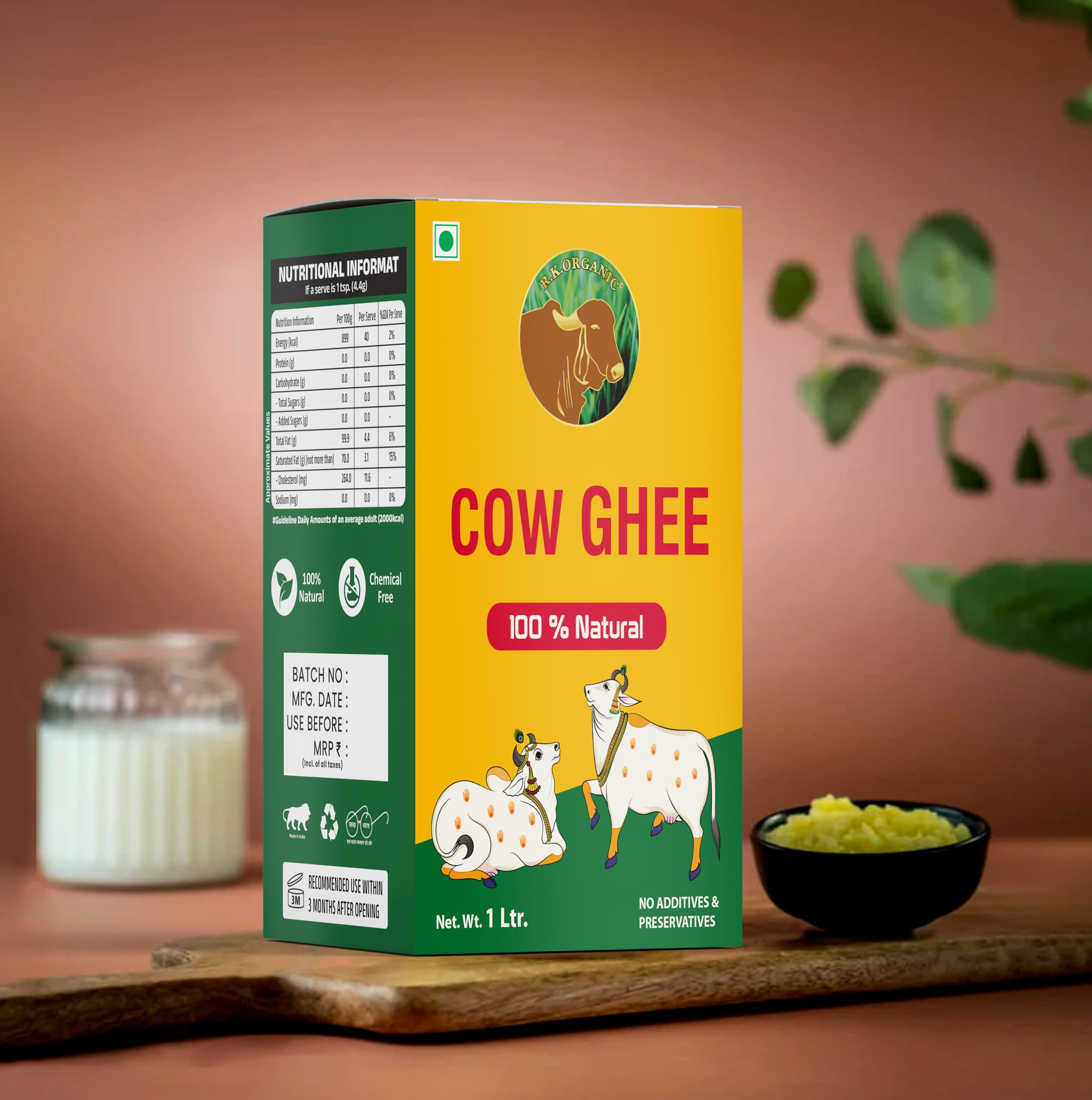 R. K. ORGANIC Desi Cow Ghee 1 Liter carton | Pack of 1 | Aroma in every drop |Pure Veg, Pure Cow Ghee, Desi Ghee, No preservatives | Rich Taste & Aroma | Good source of Vitamin A, Delicious, Healthy & Nutritious | Homemade taste (Tetra Desi Ghee Pack of 1) 1