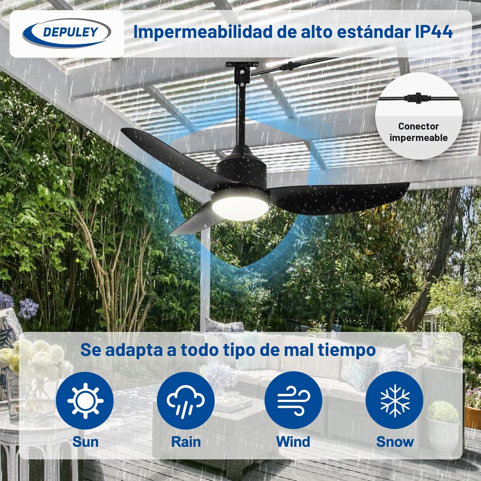 Depuley Ventilador de techo para exteriores con luz: Ventilador colgante negro de 42" para cenador, resistente al agua - Ventiladores enchufables para exteriores para patios con mando a distancia APP