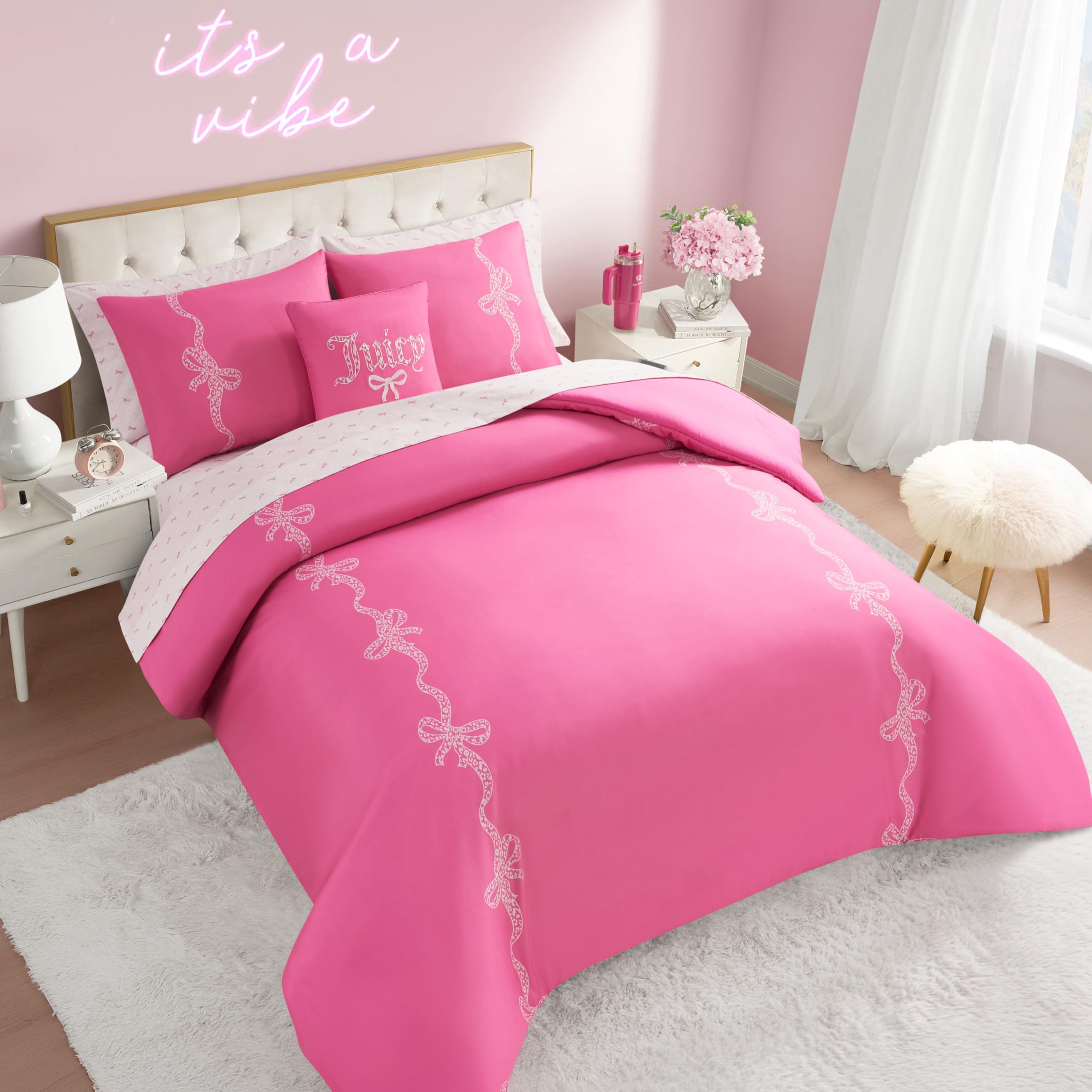 Juicy Couture Pink Leopard Bows Hotel Stripe Leopard Bows Bed In A Bag Comforter Set, Pink, Twin/Twin Xl