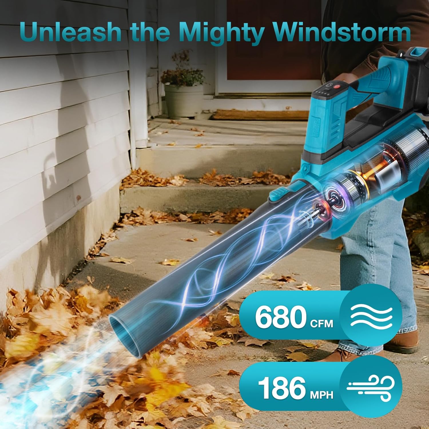 Leaf Blower Cordless, 300km/h Powerful Electric Brushless Leaf Blower with 6 Speeds & 2 x 21V 6.0Ah Batteries, Air Flow Rate 1155m³/h Handheld Industrial Hair Dryer for Yard, Lawn, Patio, Garden Care