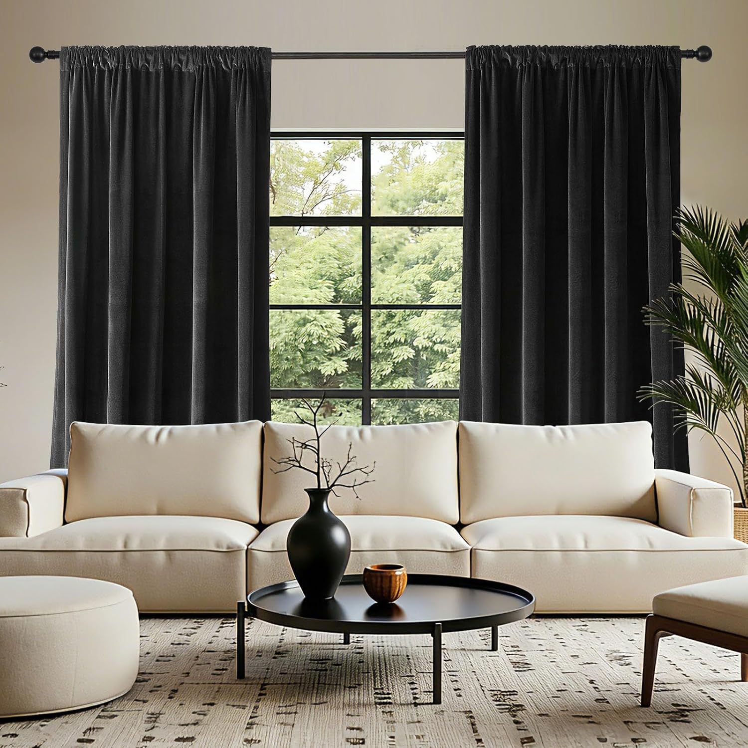 Joydeco Black Velvet Curtains 63 inch Length 2 Panels, Luxury Blackout Rod Pocket Thermal Insulated Window Curtains, Super Soft Room Darkening Drapes for Living Dining Room Bedroom,W62 x L63 inches image 3