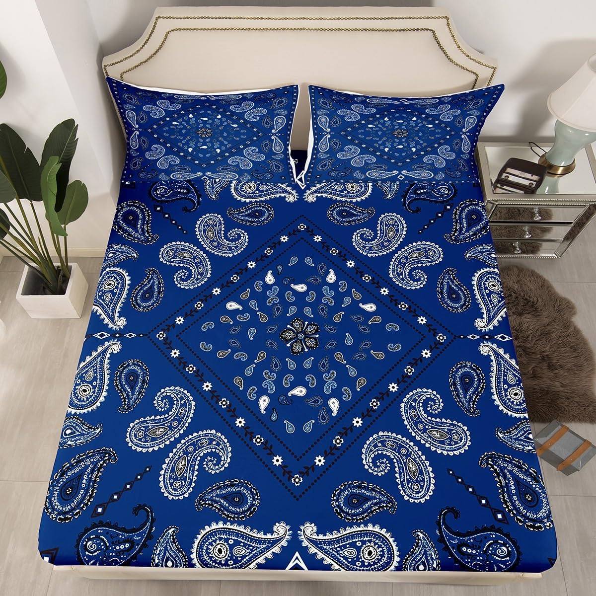 Erosebridal Mandala Fitted Sheet Tie Dye Spiral Bedding Set Paisley Bohemian Bed Cover Boho Chic Floral Navy Blue Breathable Decor Sheet Set Full Size 1 Fitted Sheet with 2 Pillow Cases