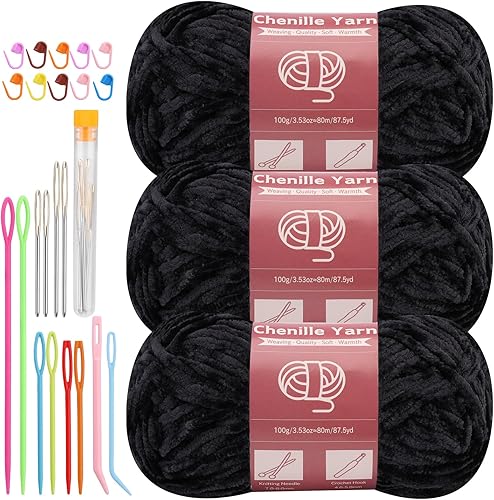 LUNARM 3 hilos de chenilla de 3.53 onzas, hilo para tejer a ganchillo con agujas de ojo grande, para tejer artesanías, hilo de chenilla suave para