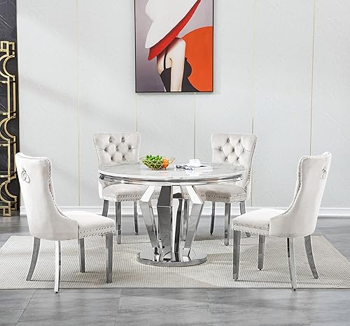 Miniatura 2 de Juego de 4 mesas de comedor redondas de mármol para 4, mesa de cocina redonda moderna y sillas de terciopelo beige, mesa de comedor de mármol blanco