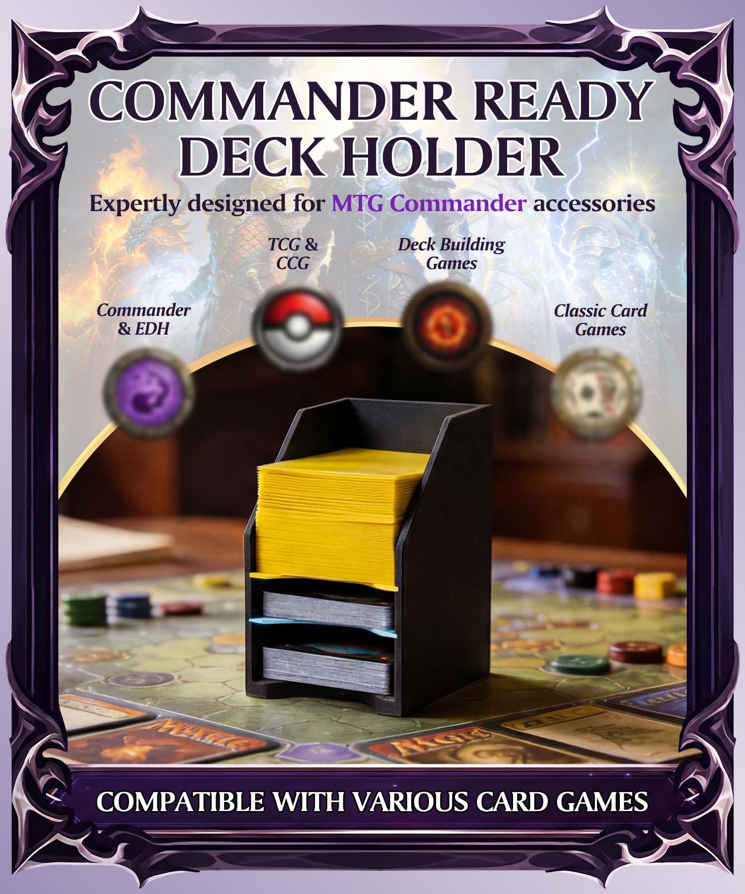 Commander - Soporte de mazo para MTG – Más de 100 bandejas de cartas de doble manga con 3 divisores, soporte resistente para cartas de juego y organizador para Magic The Gathering TCG
