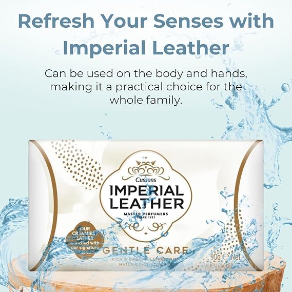Imperial Leather Bar Soap Gentle Care Laundry White Cream – Gentle Bath Soaps & Hand Wash – Natural Bars Multipack (4 x 90g) with Portable Soap Tray with Lid – Long-Lasting Skincare & Everyday Wash