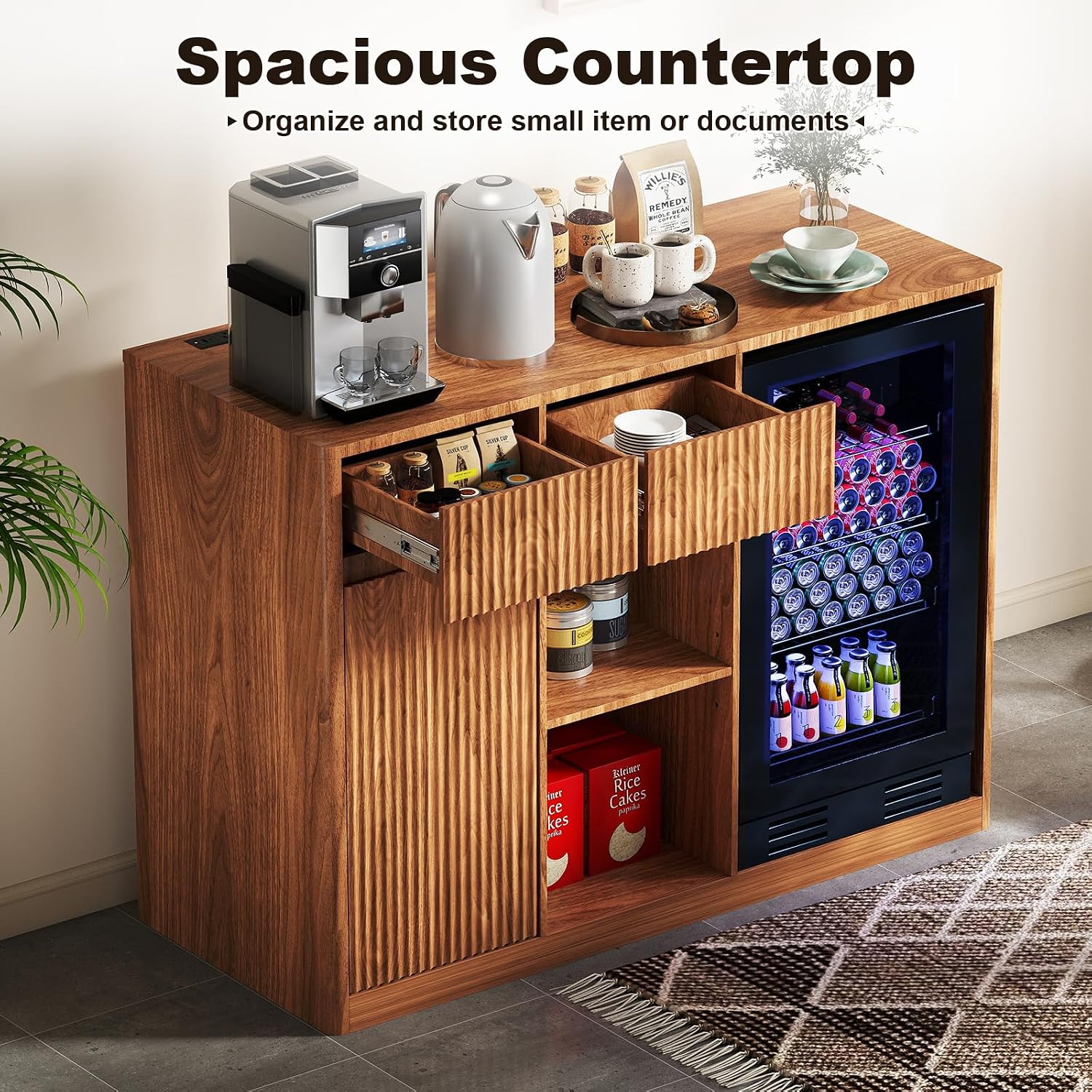 Zevemomo Coffee Bar Cabinet with a coffee machine, kettle, and various items on its spacious countertop, with a mini fridge visible on the right.