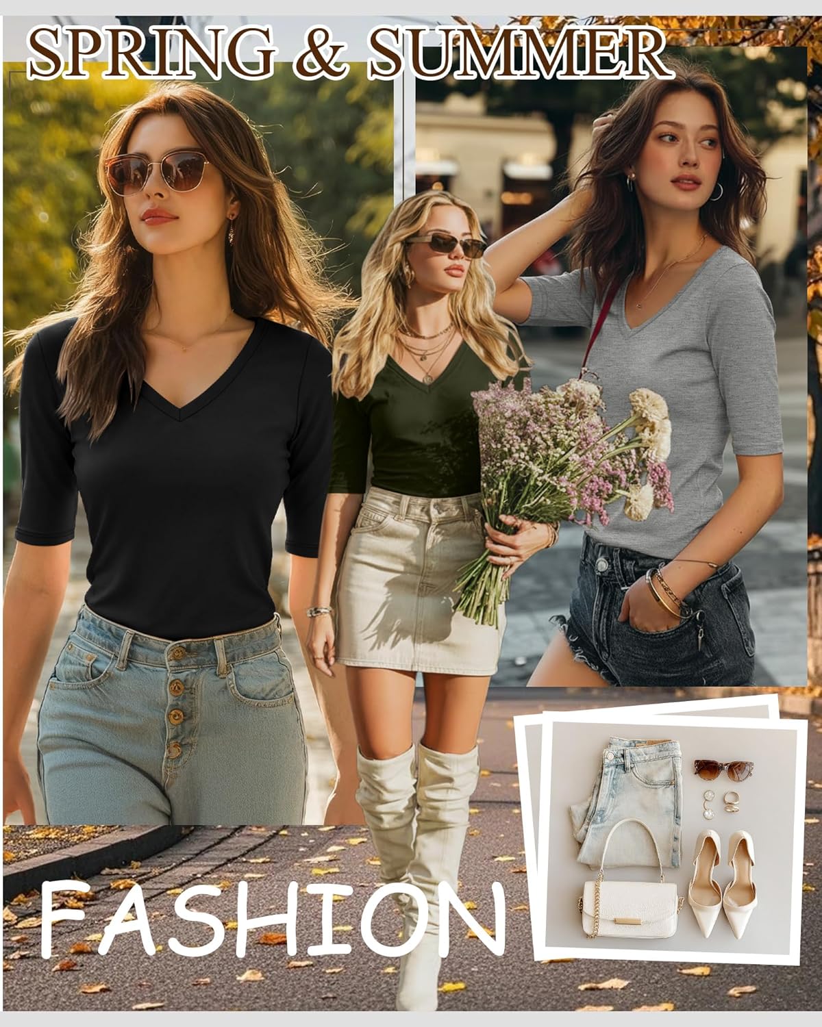 Ficerd 3 Pack Women's Half Sleeve V Neck T Shirts, Cotton Elbow Length Sleeve Shirt Slim Fit Tunic Top Casual Summer Tee(Black, Army Green, Light Gray,Large) - Image 3